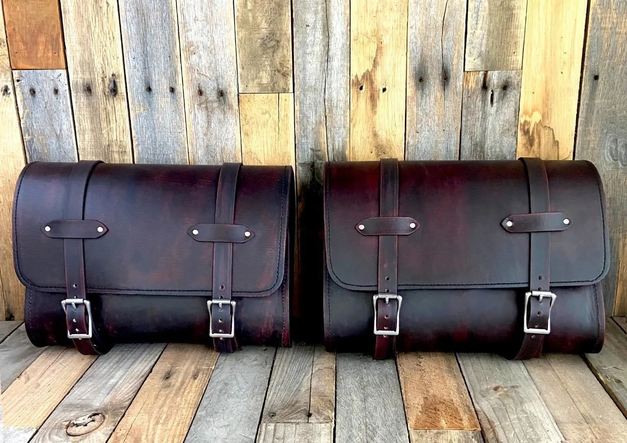 2015-2024 Indian Scout Saddle Bags Mounting Hardware Blk Red Distressed Leather