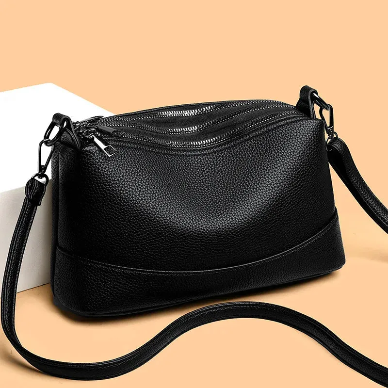 2024 Large Capacity Women's Handbags 3-Layer Zipper Solid Color PU Leather Lady's Shoulder Bags Female Cross Body Handbag