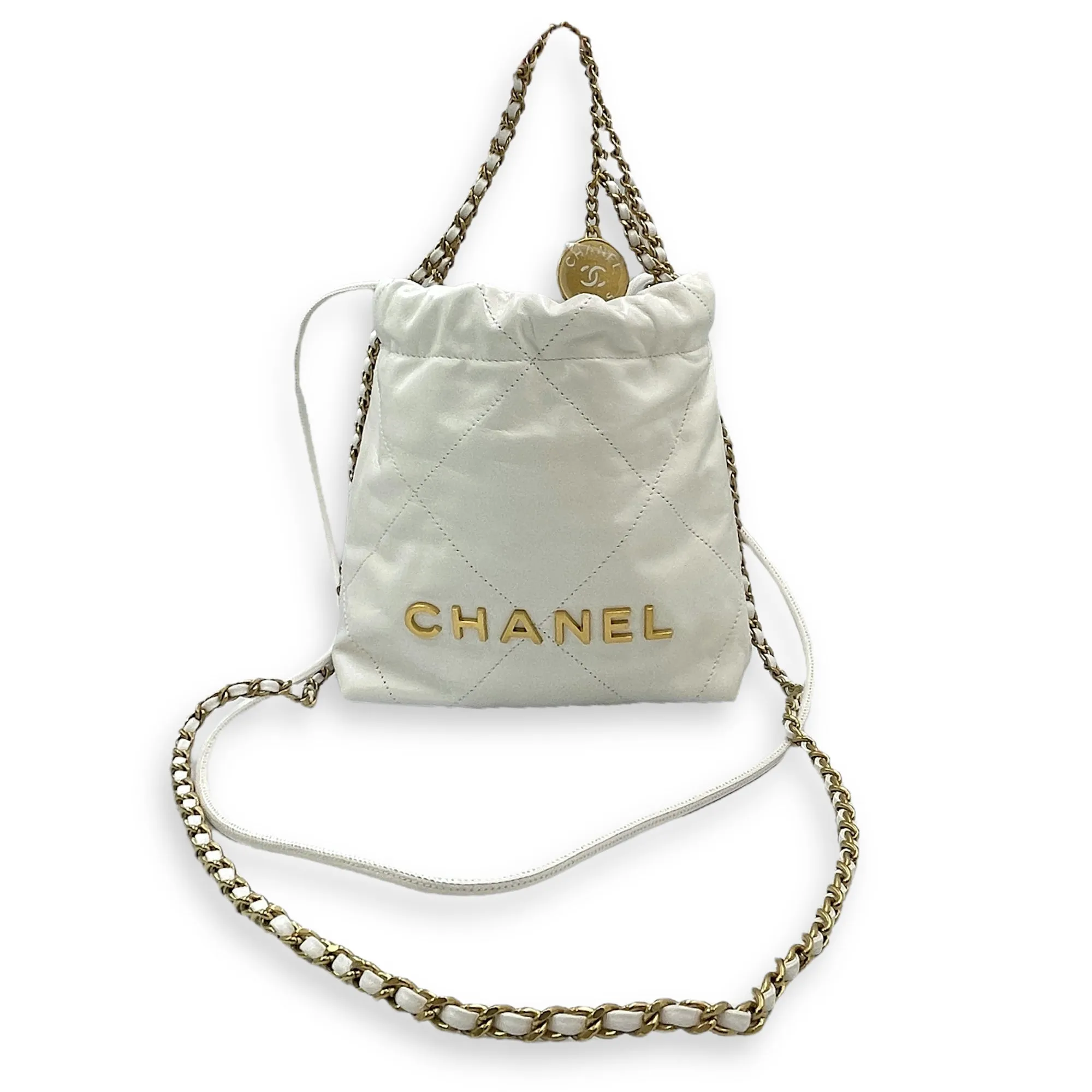 22 Mini Tote 20 White Crossbody Bag in Calfskin, Gold hardware