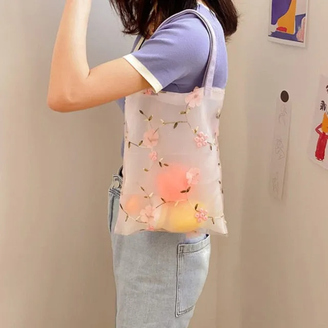 2pcs Embroidered Light Clear Organza Jelly Tote Messenger Shoulder Bags