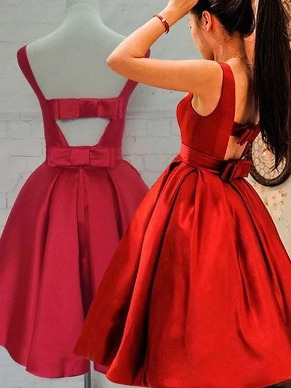 A-Line Sleeveless Scoop Sash Satin Mini Homecoming Dresses