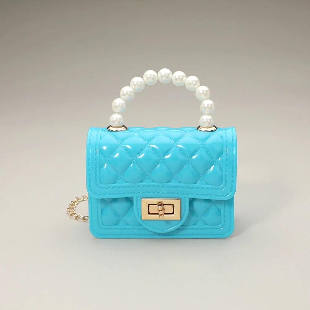 Aqua Pearl Handle Mini Jelly Hand Bag / Crossbody Bag