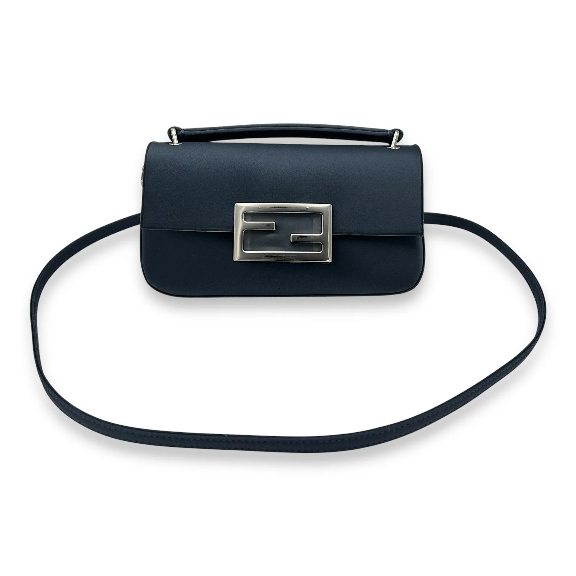 Baguette Crossbody Bag Mini Blue in Satin, Silver hardware