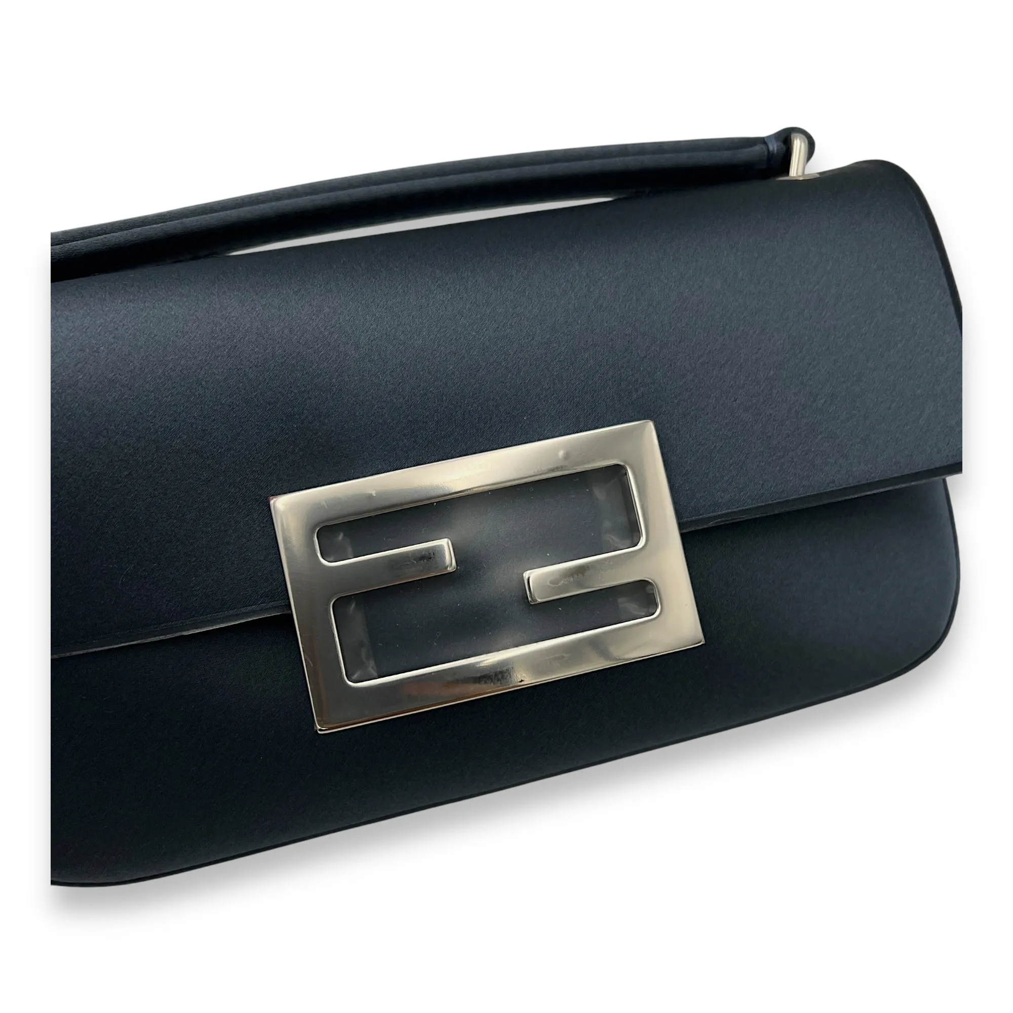 Baguette Crossbody Bag Mini Blue in Satin, Silver hardware
