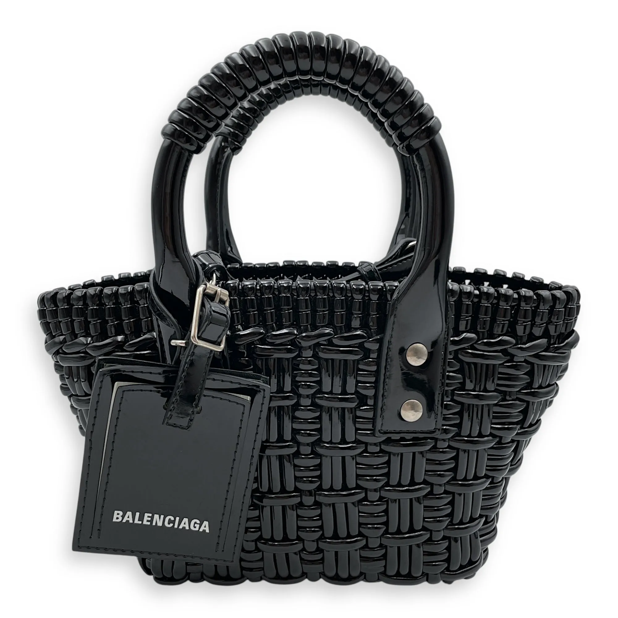 Bistro Basket XXS Black Crossbody Bag in Patent Leather, Silver hardware