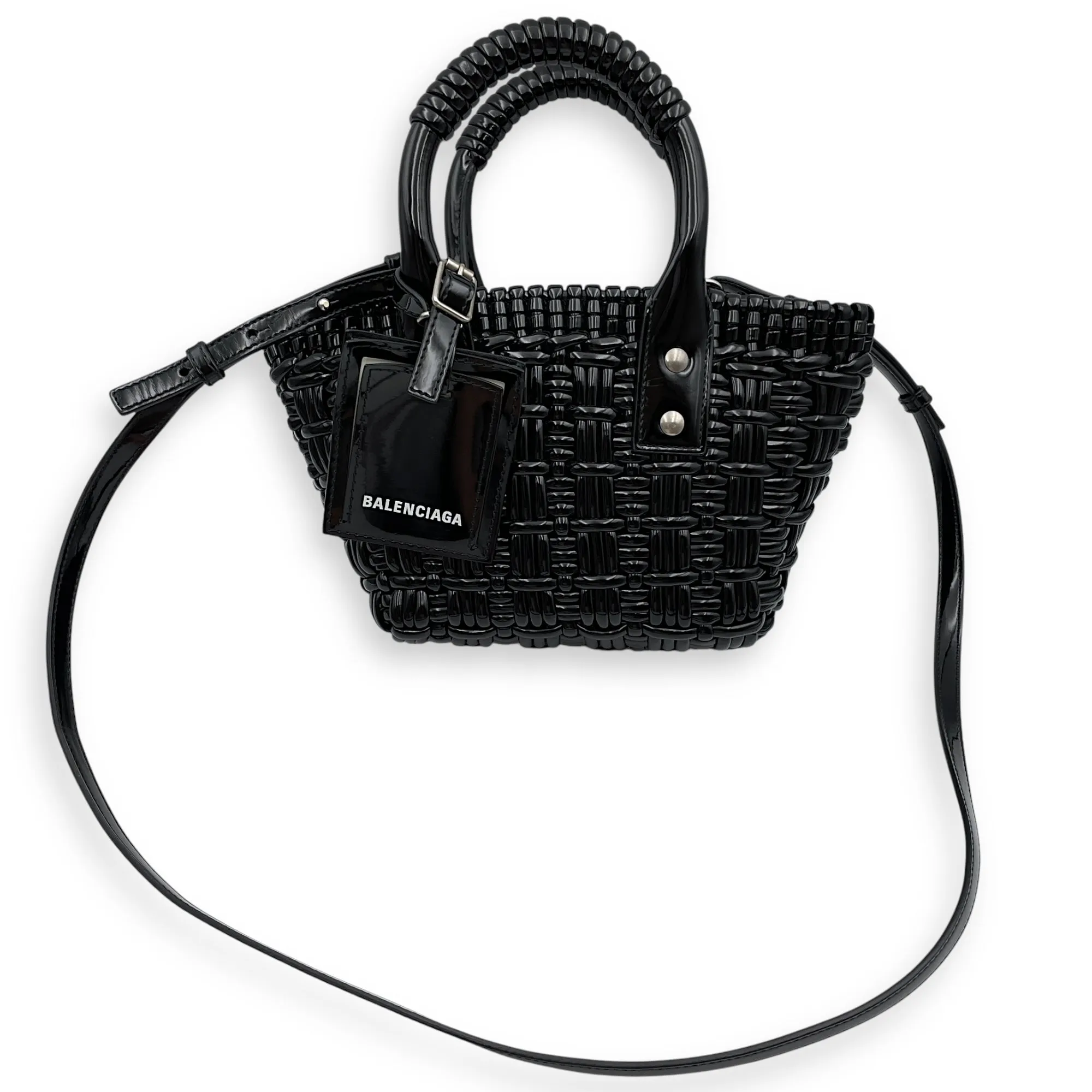 Bistro Basket XXS Black Crossbody Bag in Patent Leather, Silver hardware