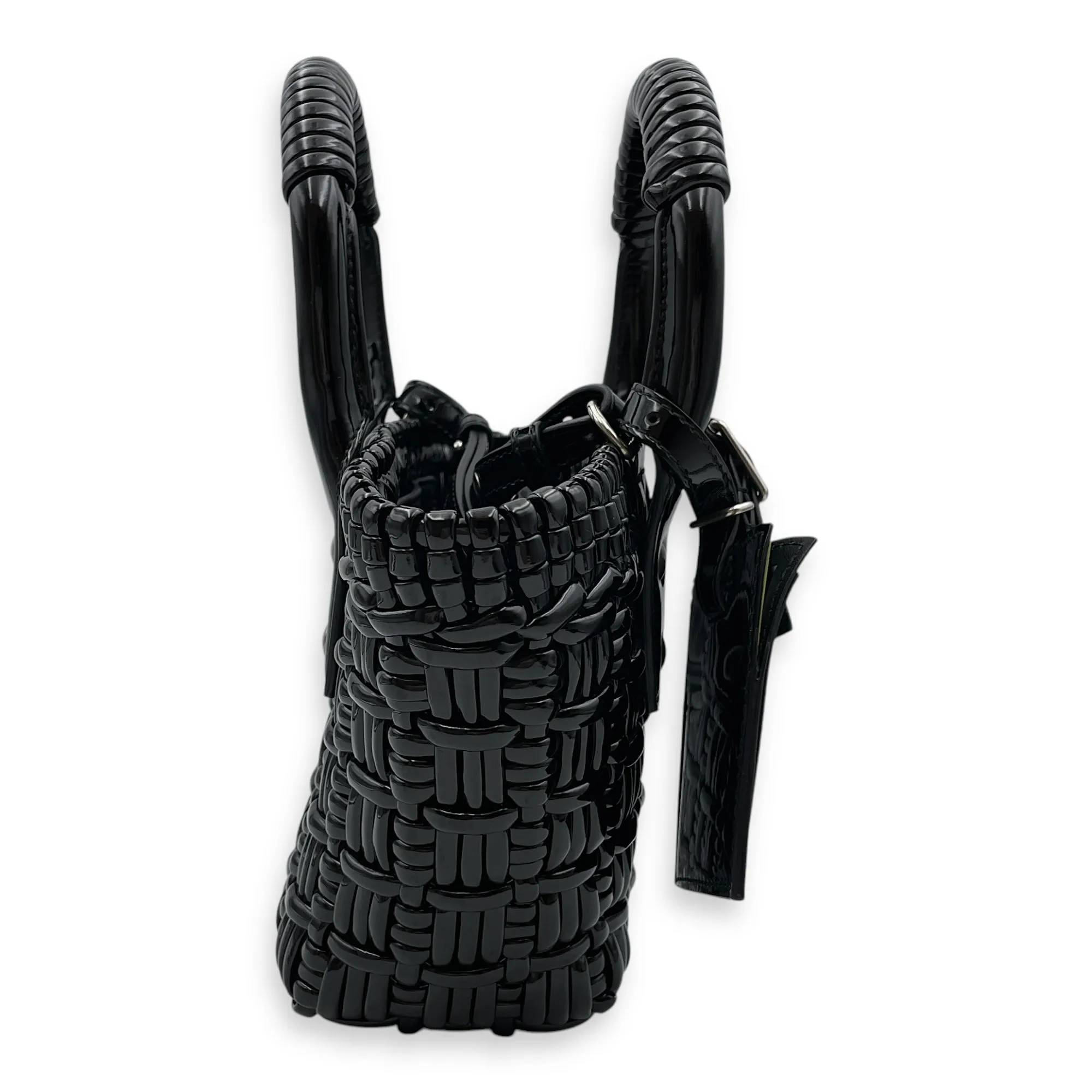 Bistro Basket XXS Black Crossbody Bag in Patent Leather, Silver hardware
