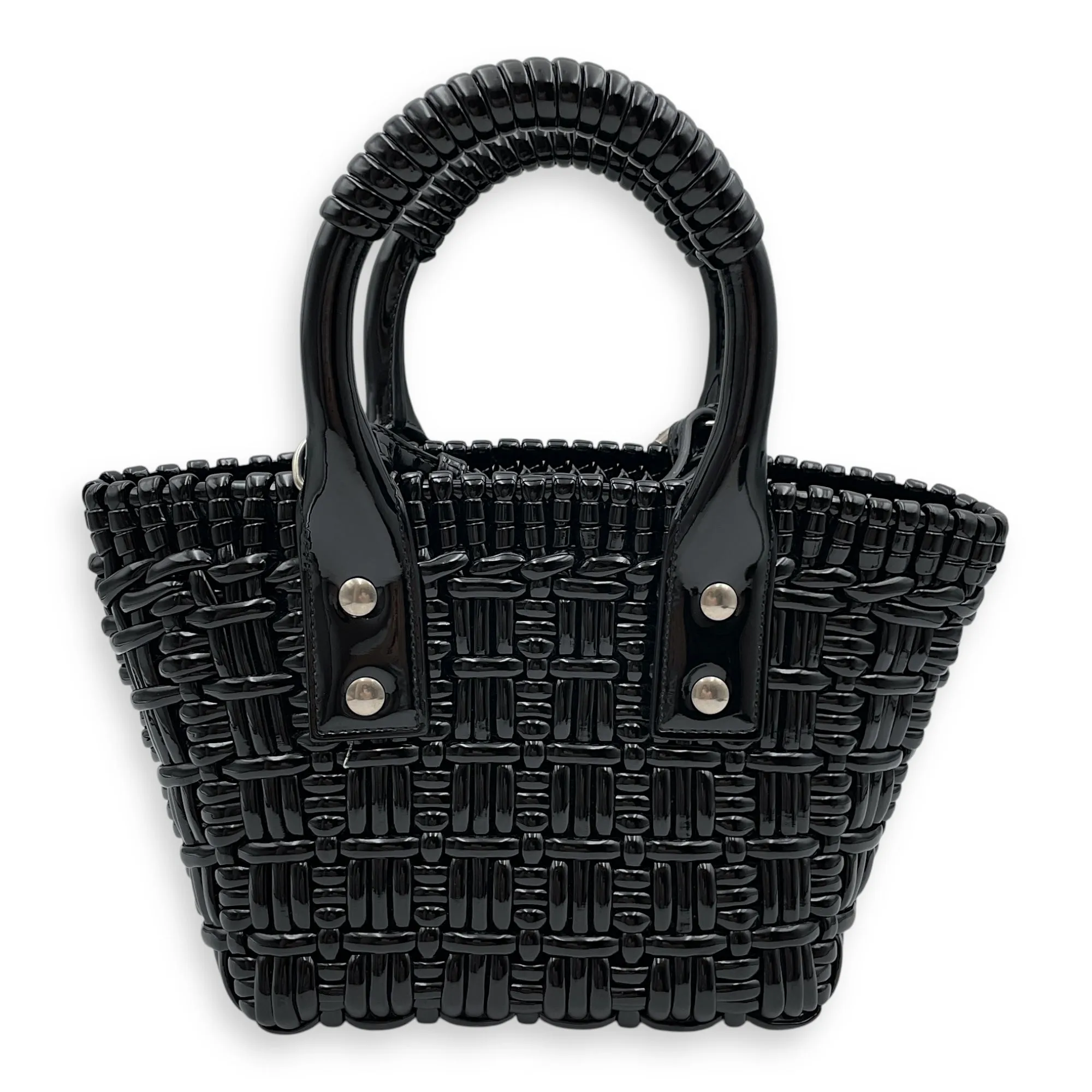Bistro Basket XXS Black Crossbody Bag in Patent Leather, Silver hardware