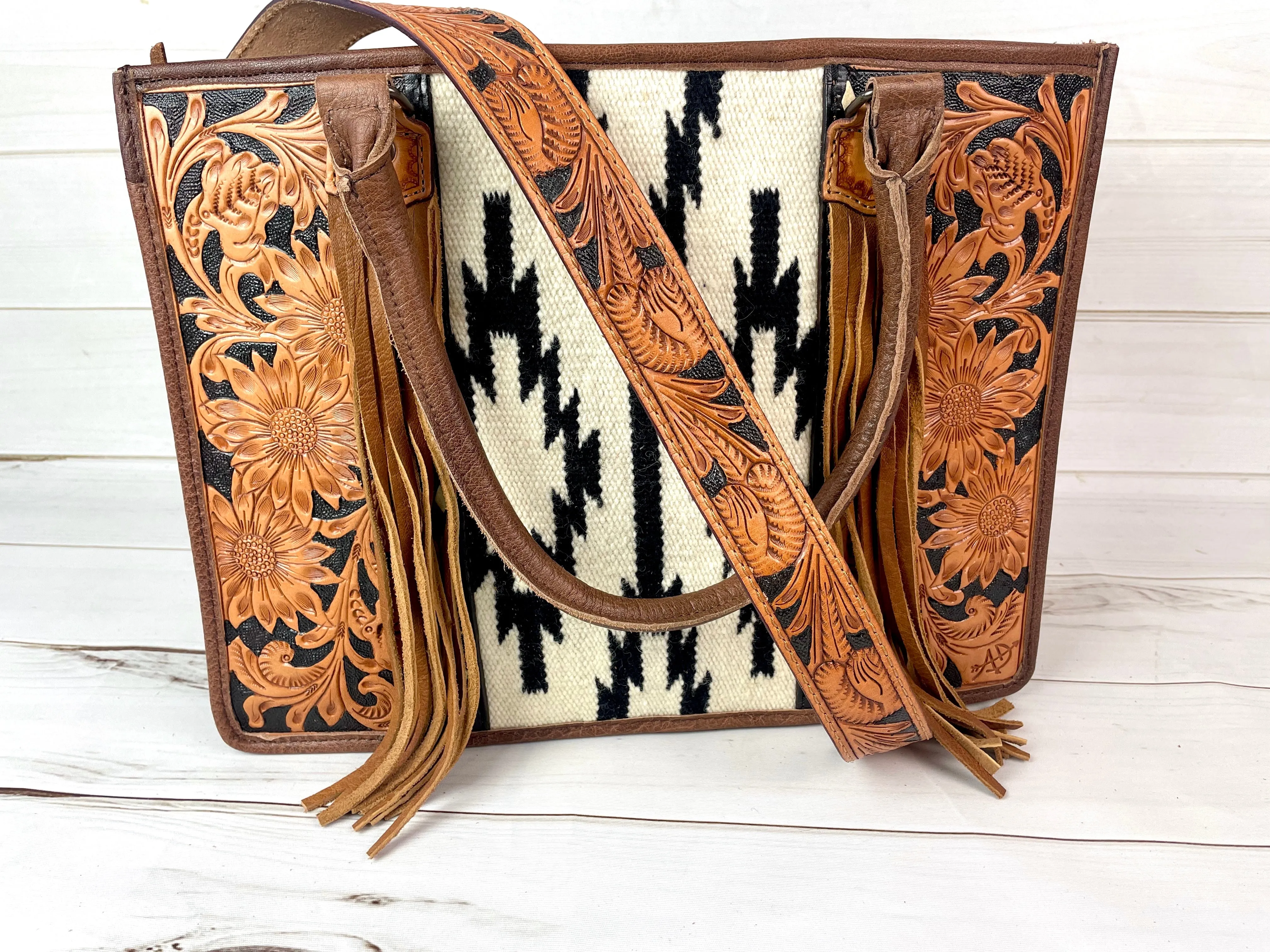 Black and Cream Aztec Pattern Wool Large Tote with Dark Leather Floral Tooling