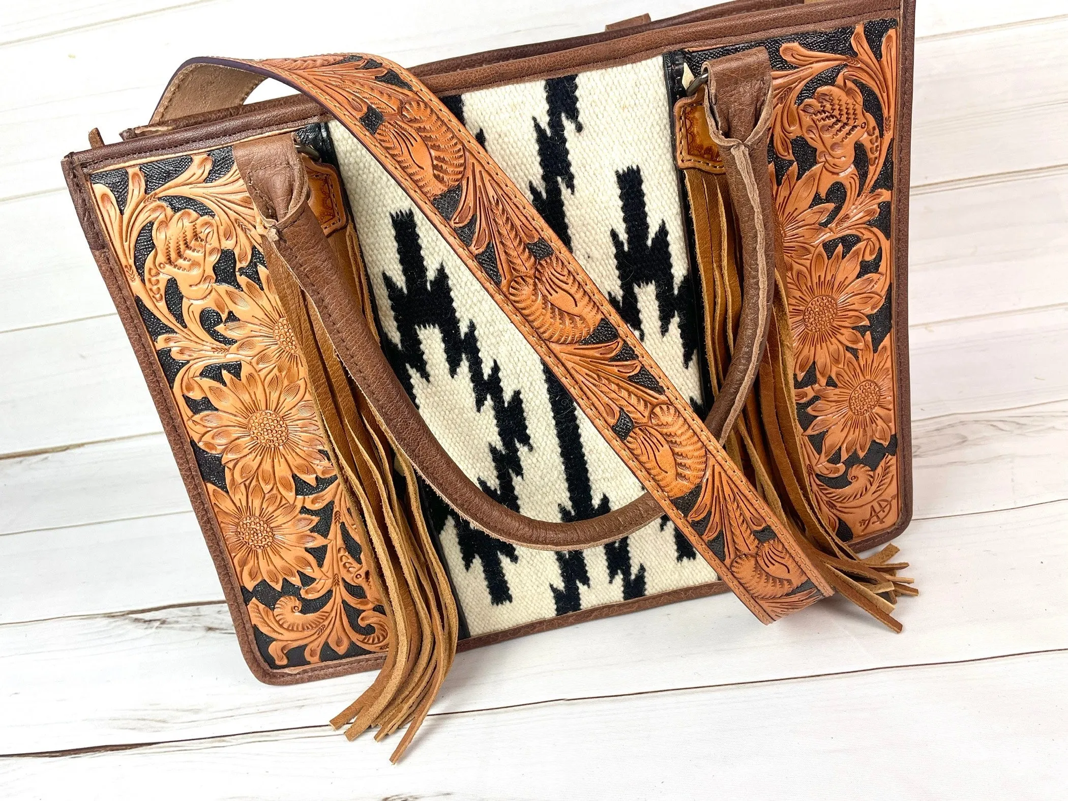 Black and Cream Aztec Pattern Wool Large Tote with Dark Leather Floral Tooling