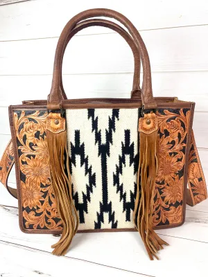 Black and Cream Aztec Pattern Wool Large Tote with Dark Leather Floral Tooling