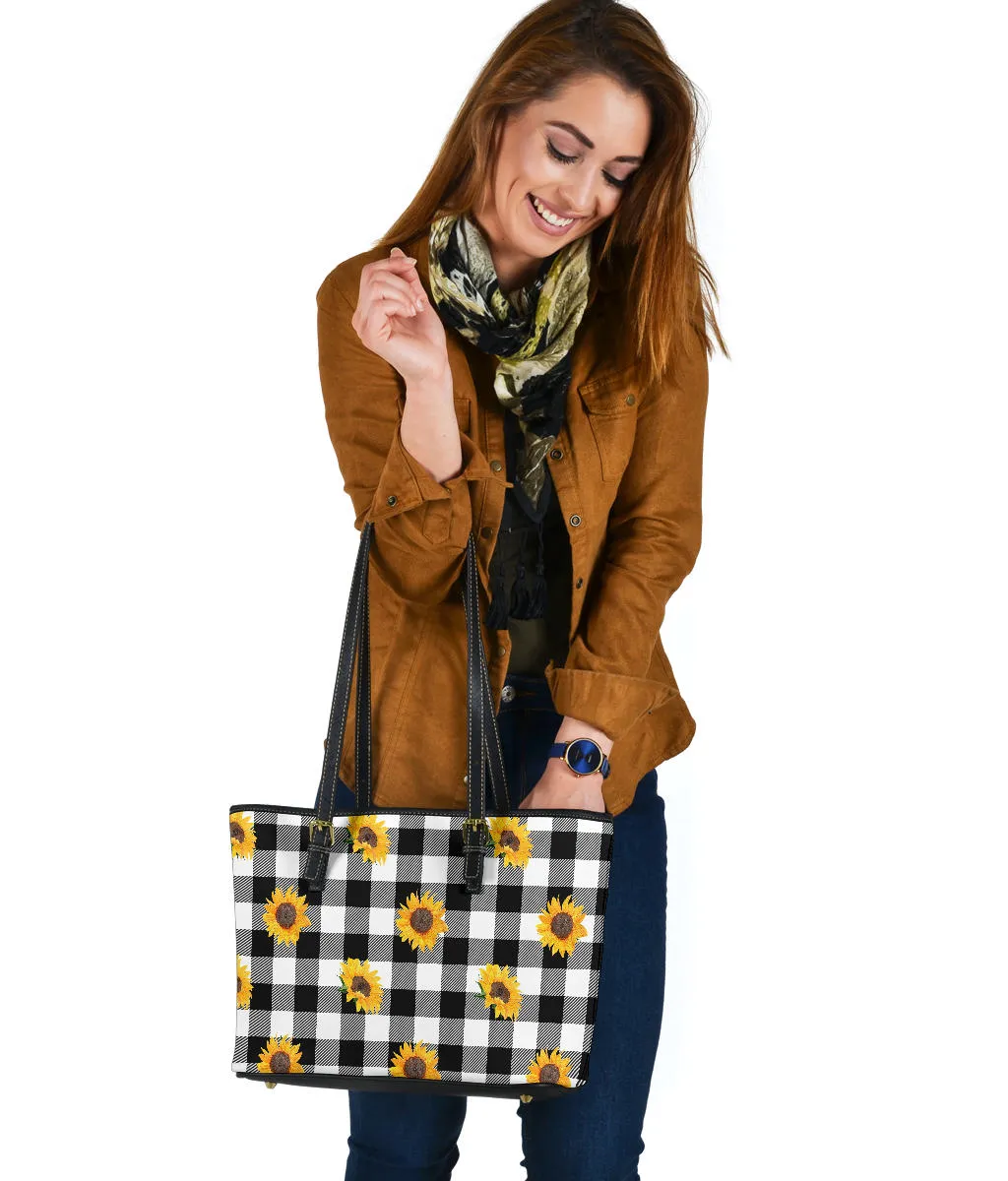 Black White Buffalo Plaid With Sunflowers Tote Bags