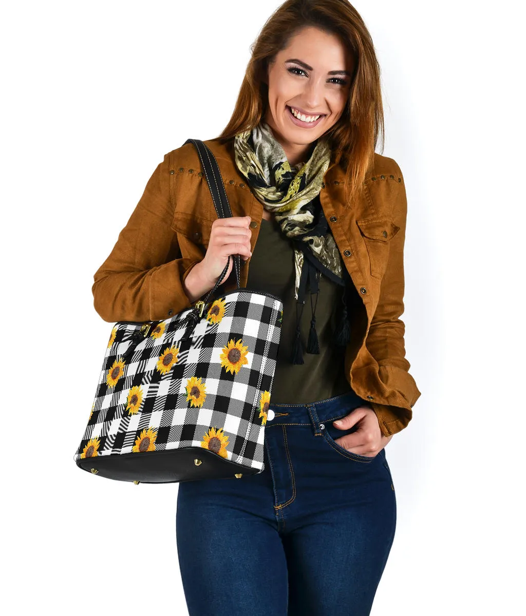 Black White Buffalo Plaid With Sunflowers Tote Bags