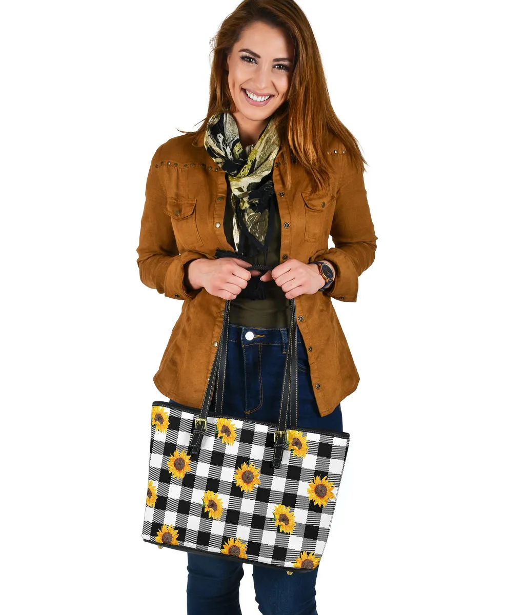 Black White Buffalo Plaid With Sunflowers Tote Bags