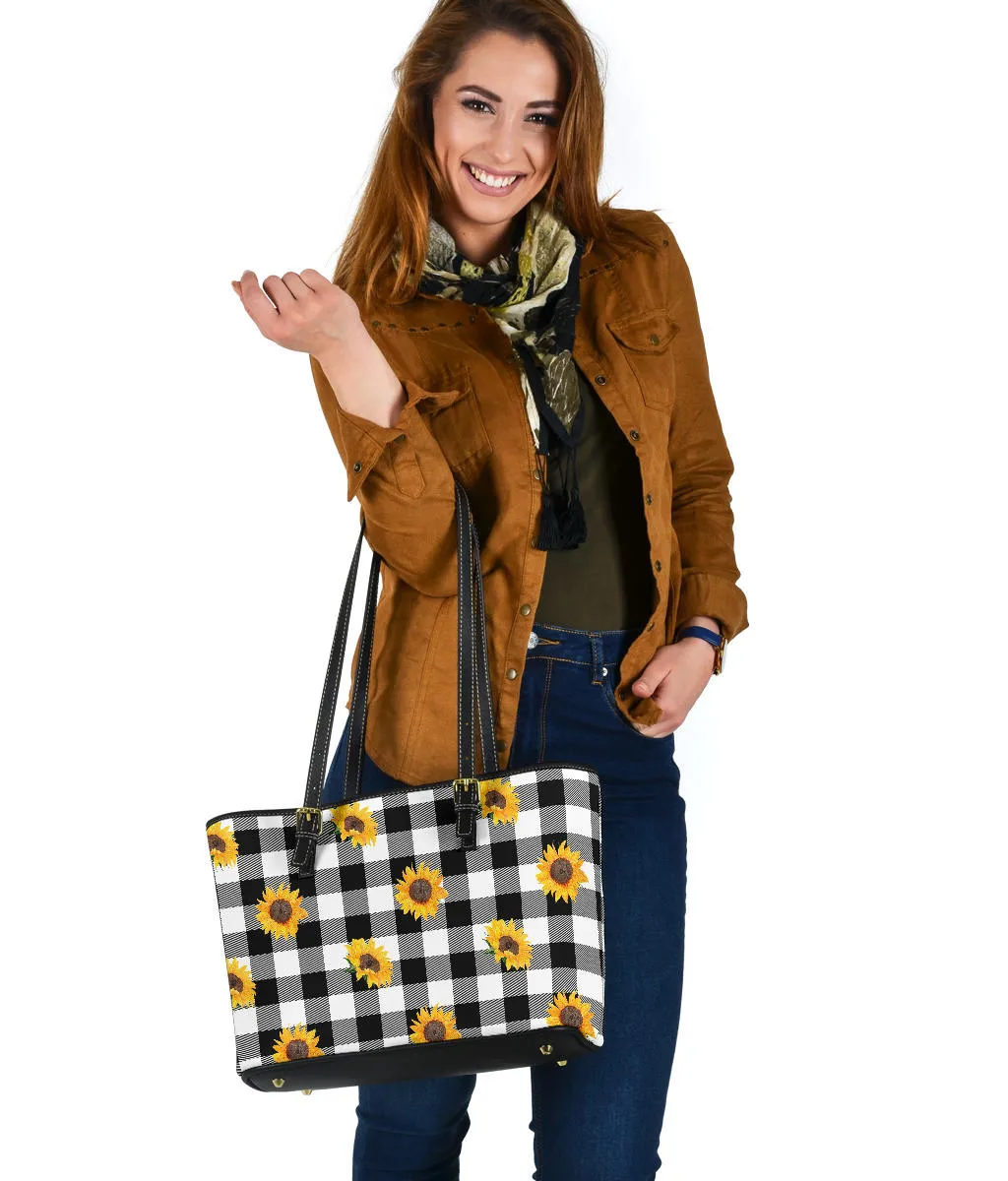 Black White Buffalo Plaid With Sunflowers Tote Bags