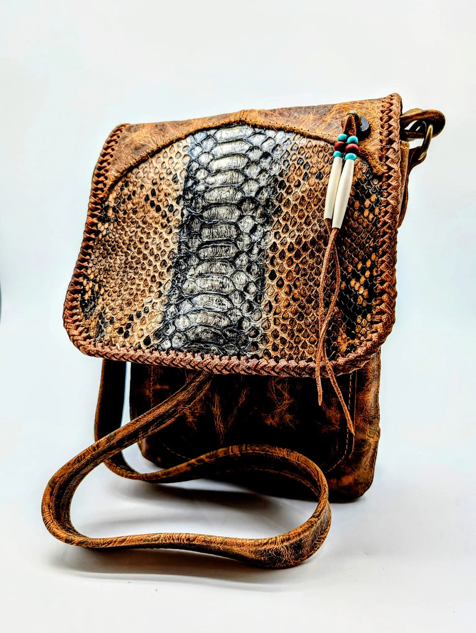 Bohemian Snakeskin Leather Hip Bag with Beaded Tassels