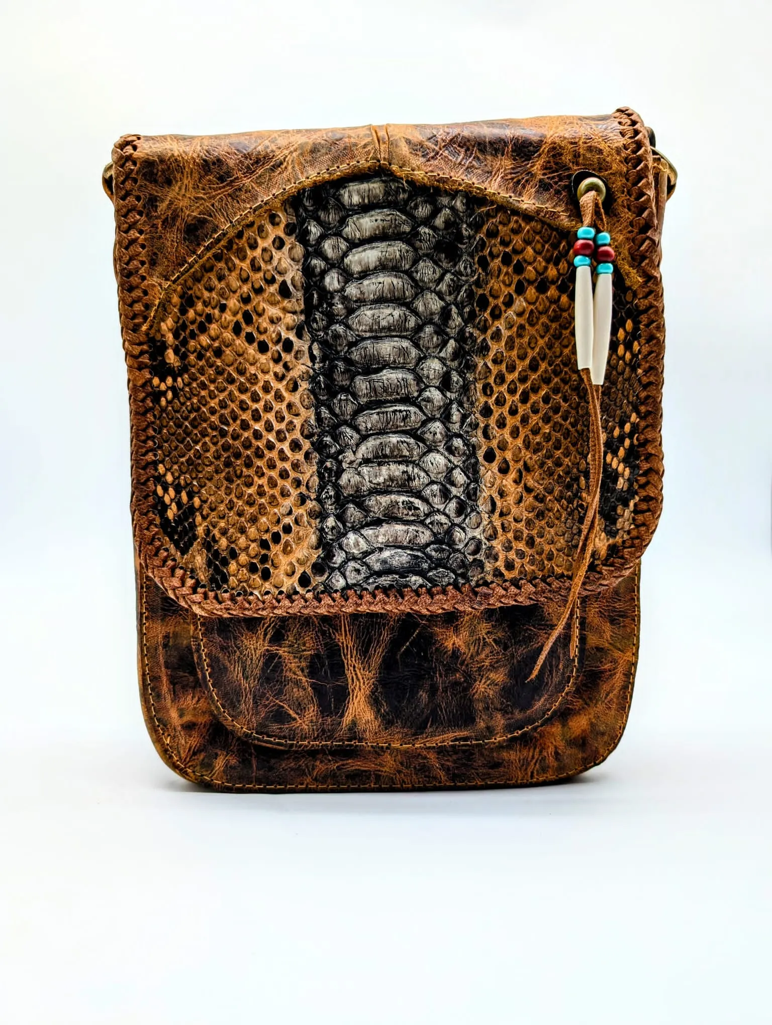 Bohemian Snakeskin Leather Hip Bag with Beaded Tassels