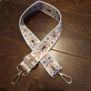 Boho White and Light Blue Purse Strap, Bag Strap | 28 - 50 Inch Guitar purse straps