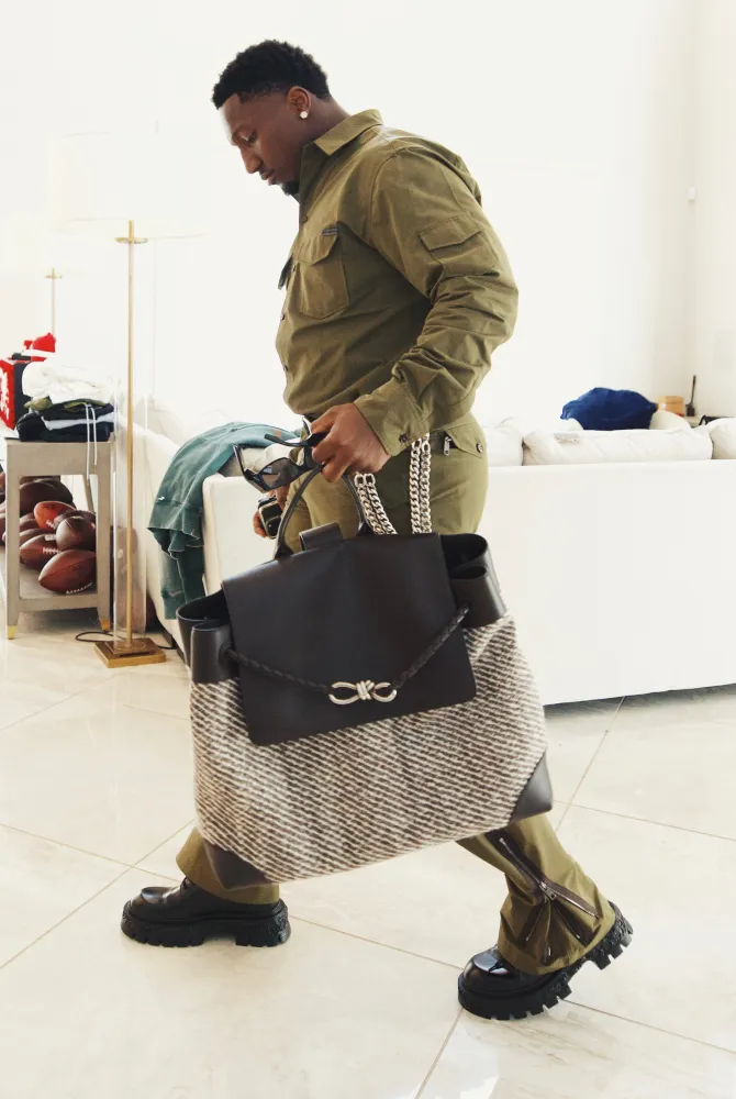 BOTTEGA VENETA 
Washed Canvas Calfskin Large Andiamo Backpack
