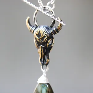 Brass Buffalo shape pendant necklace and labradorite gemstone with labradorite beads and silver ring secondary on sterling silver chain