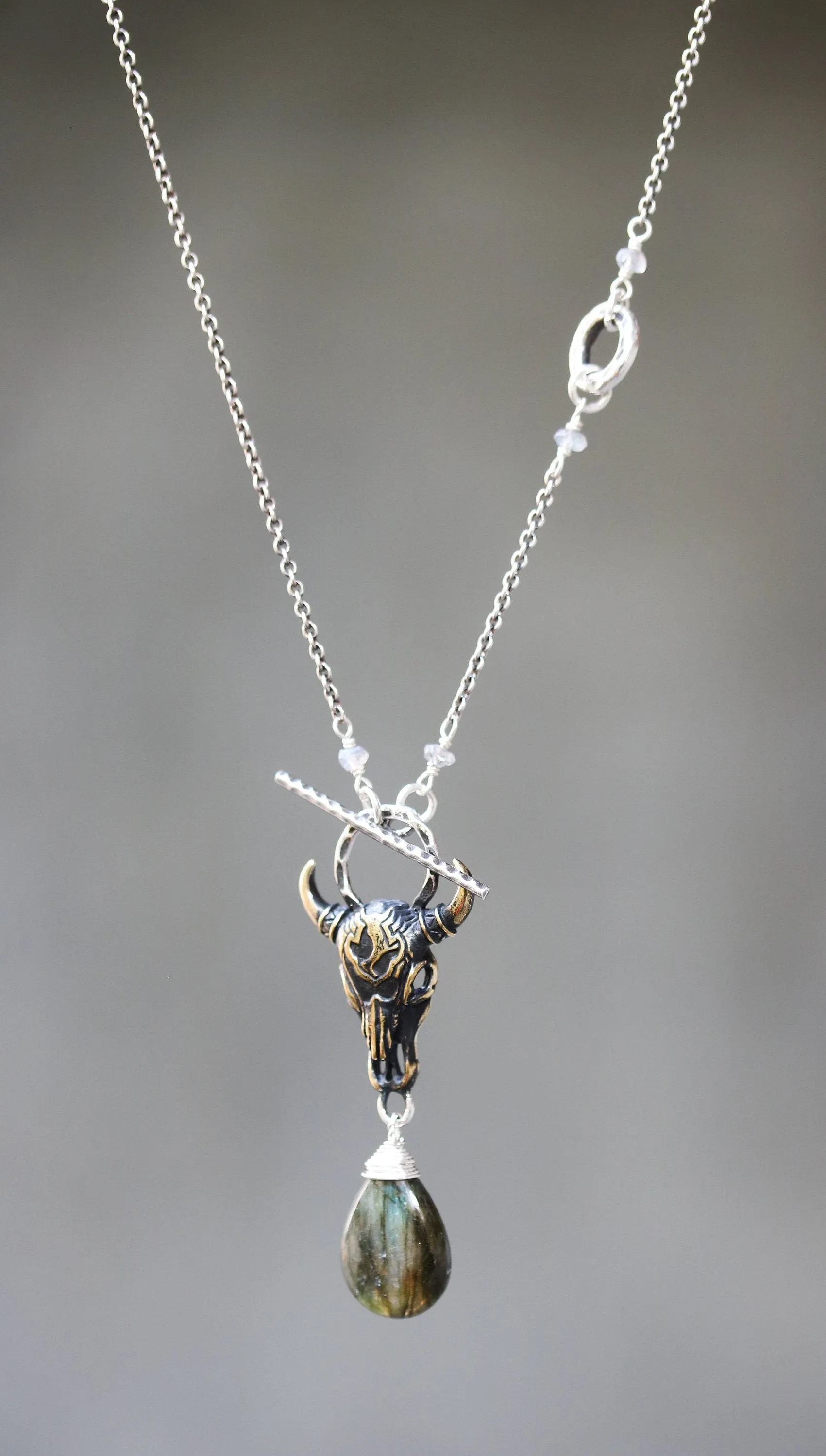Brass Buffalo shape pendant necklace and labradorite gemstone with labradorite beads and silver ring secondary on sterling silver chain