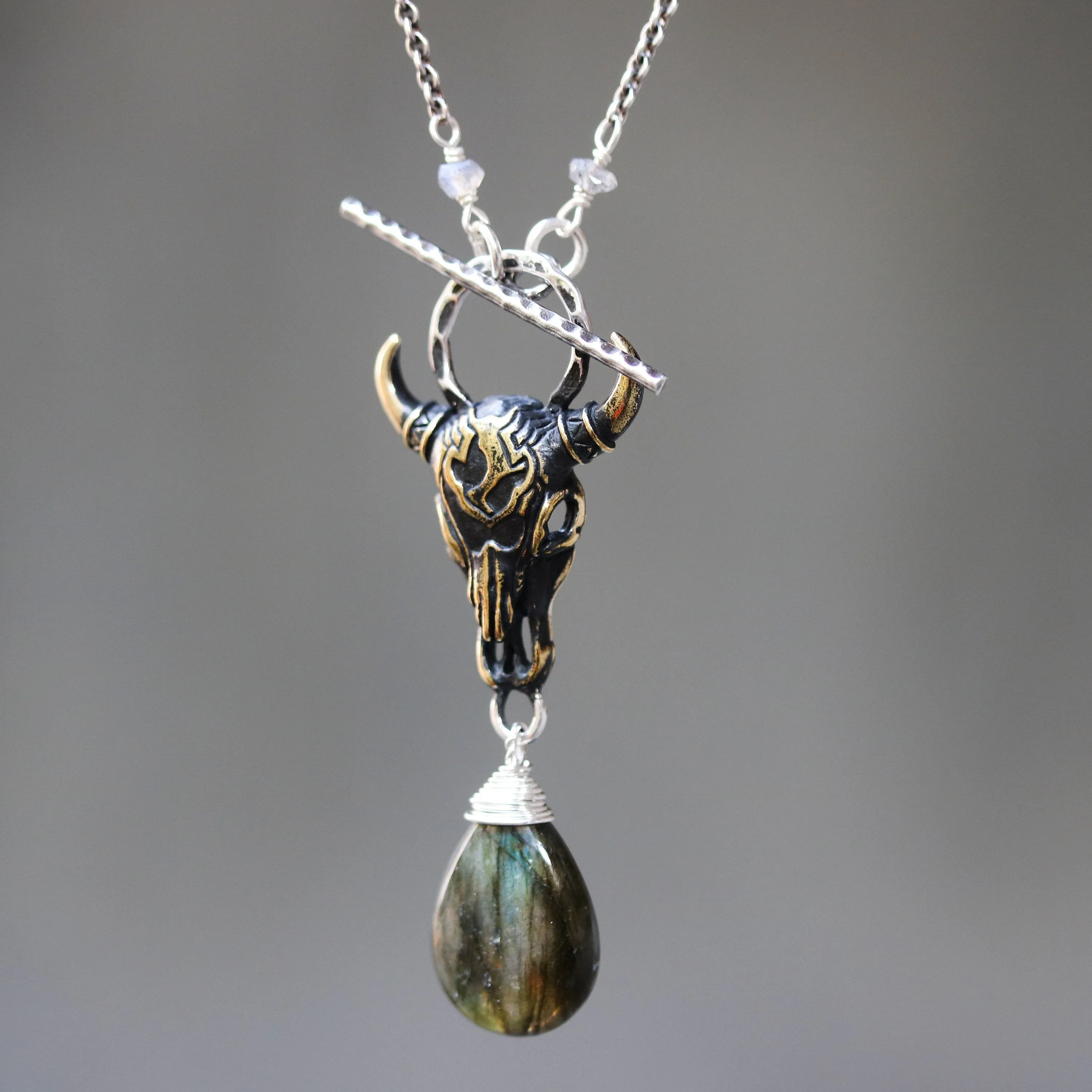 Brass Buffalo shape pendant necklace and labradorite gemstone with labradorite beads and silver ring secondary on sterling silver chain