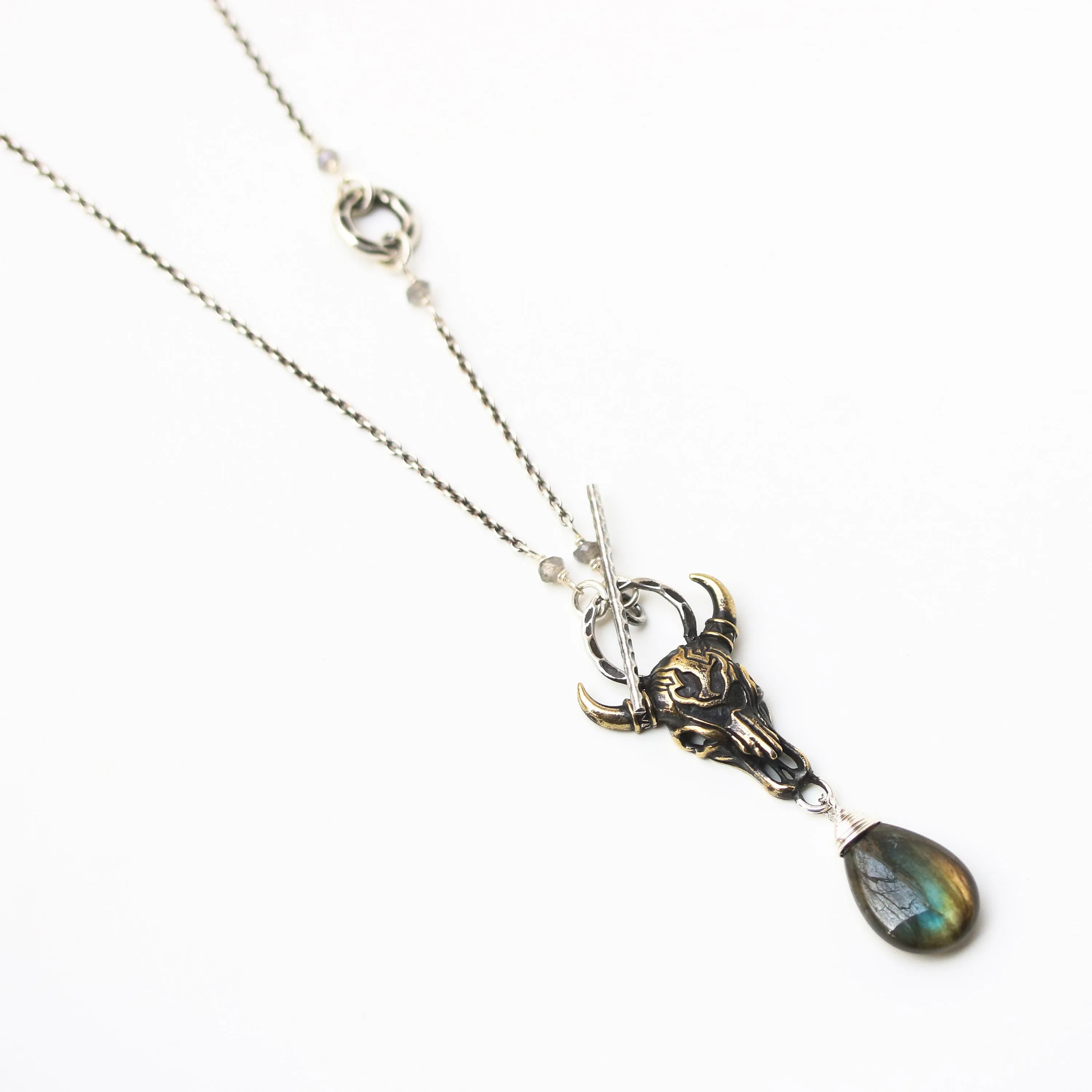 Brass Buffalo shape pendant necklace and labradorite gemstone with labradorite beads and silver ring secondary on sterling silver chain