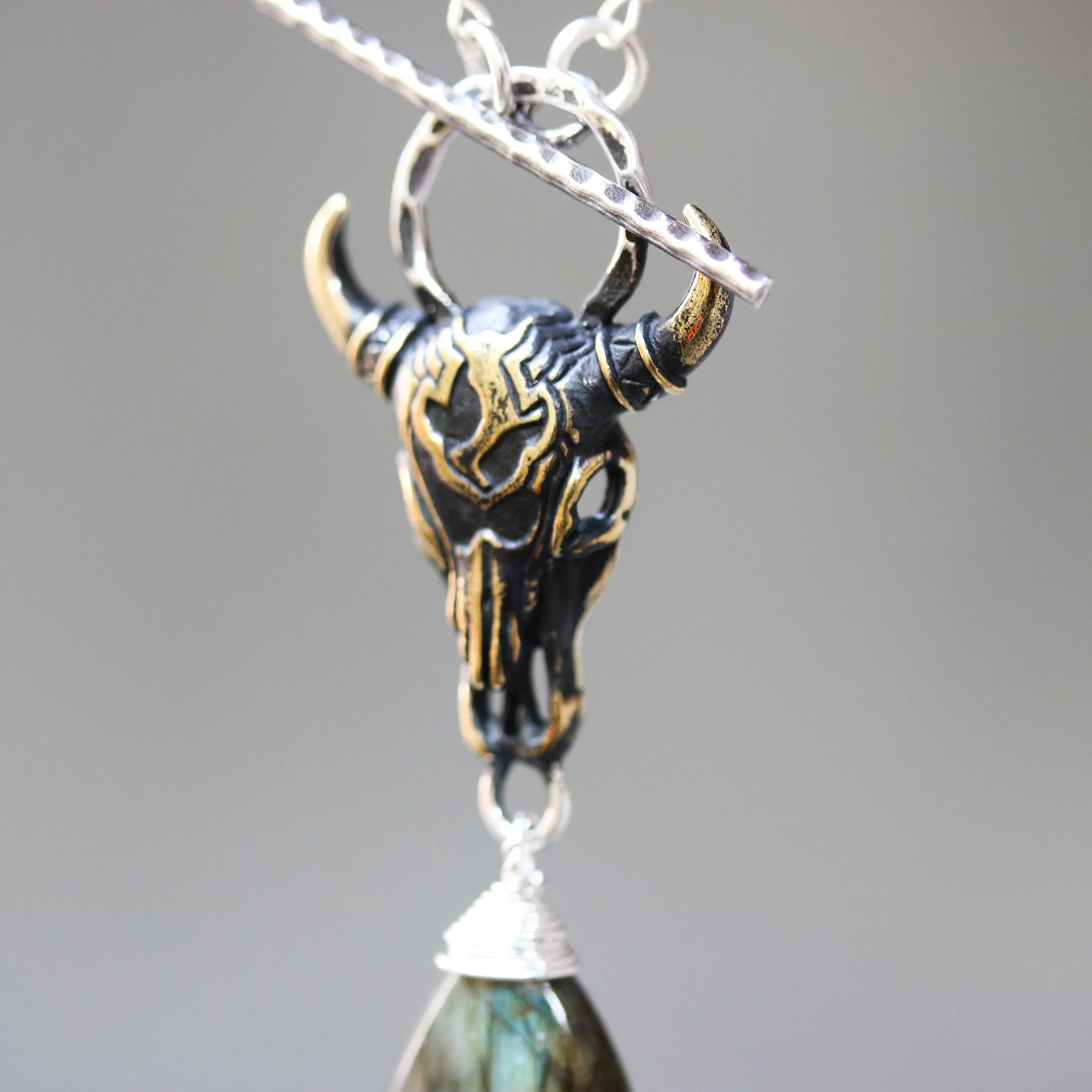 Brass Buffalo shape pendant necklace and labradorite gemstone with labradorite beads and silver ring secondary on sterling silver chain
