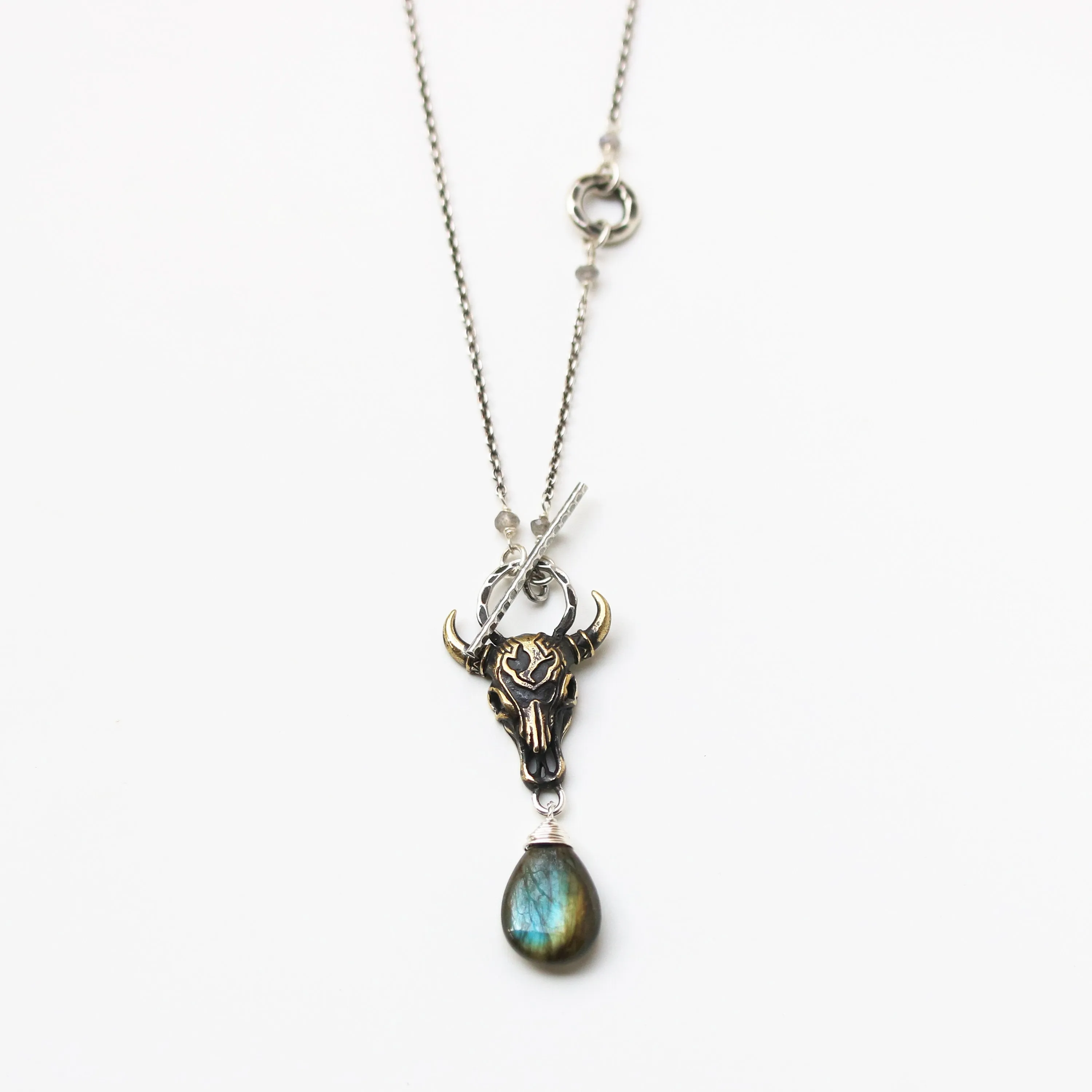 Brass Buffalo shape pendant necklace and labradorite gemstone with labradorite beads and silver ring secondary on sterling silver chain