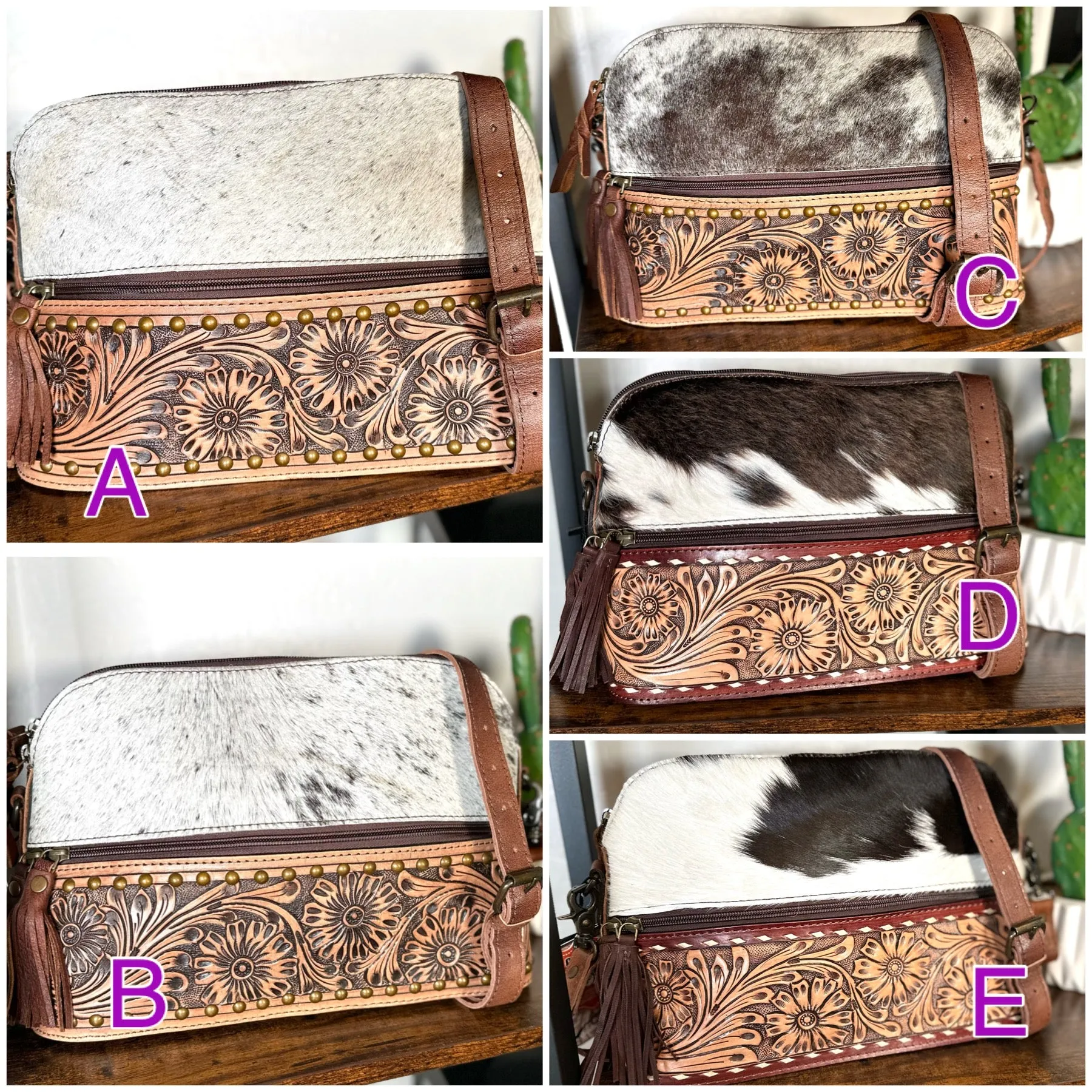 Brown Cowhide and Leather Floral Tooled Bottom Zipper Western Handbag