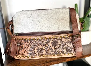 Brown Cowhide and Leather Floral Tooled Bottom Zipper Western Handbag