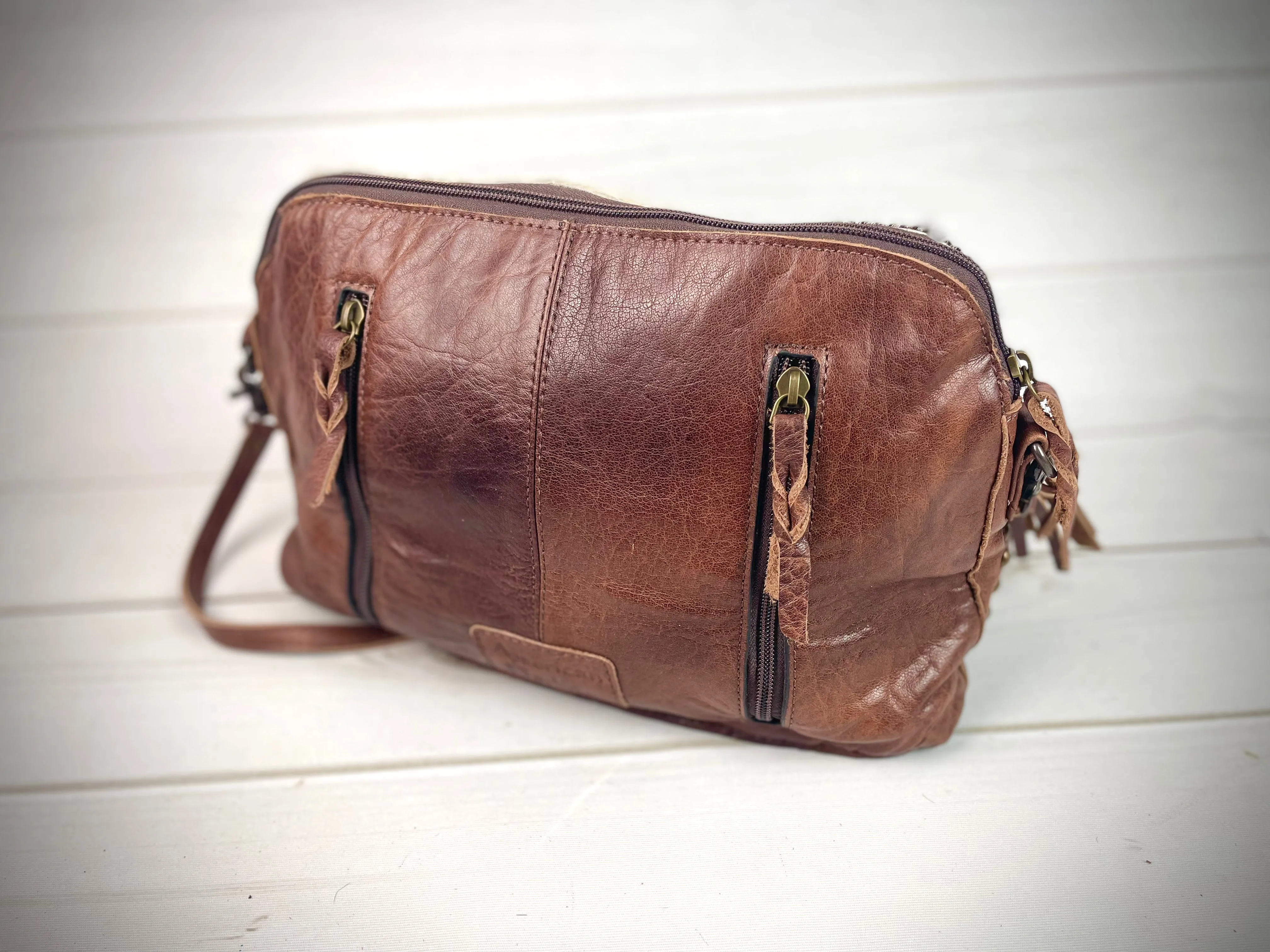 Brown Cowhide and Leather Floral Tooled Bottom Zipper Western Handbag