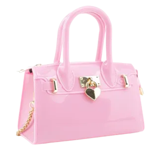 Bubble Gum Jelly Handbag with Smooth Jelly Gloss Zipper Closure and Detachable Chain Link Shoulder Strap