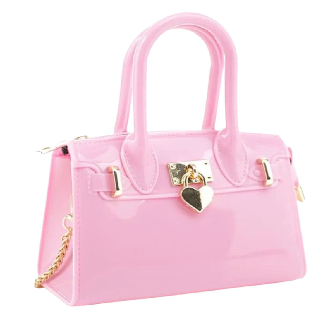 Bubble Gum Jelly Handbag with Smooth Jelly Gloss Zipper Closure and Detachable Chain Link Shoulder Strap