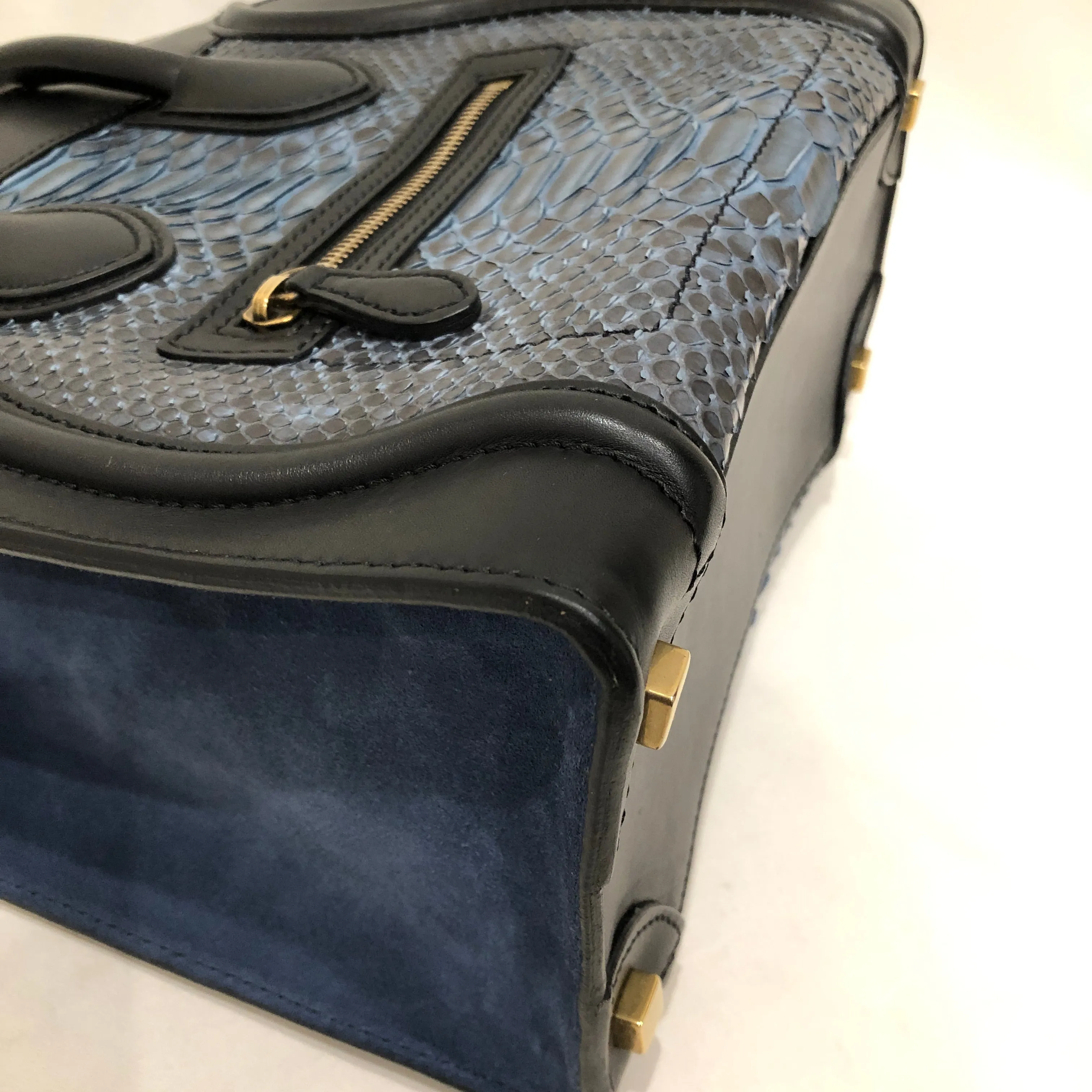 Celine Blue Black Python Leather and Suede Nano Luggage Tote Sku# 82771
