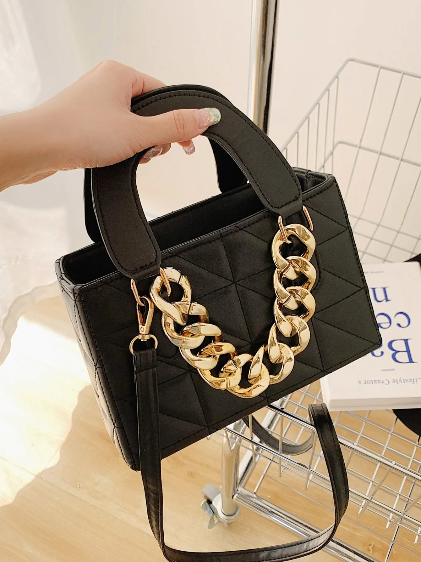 Chain Decor Quilted Square Bag - Black