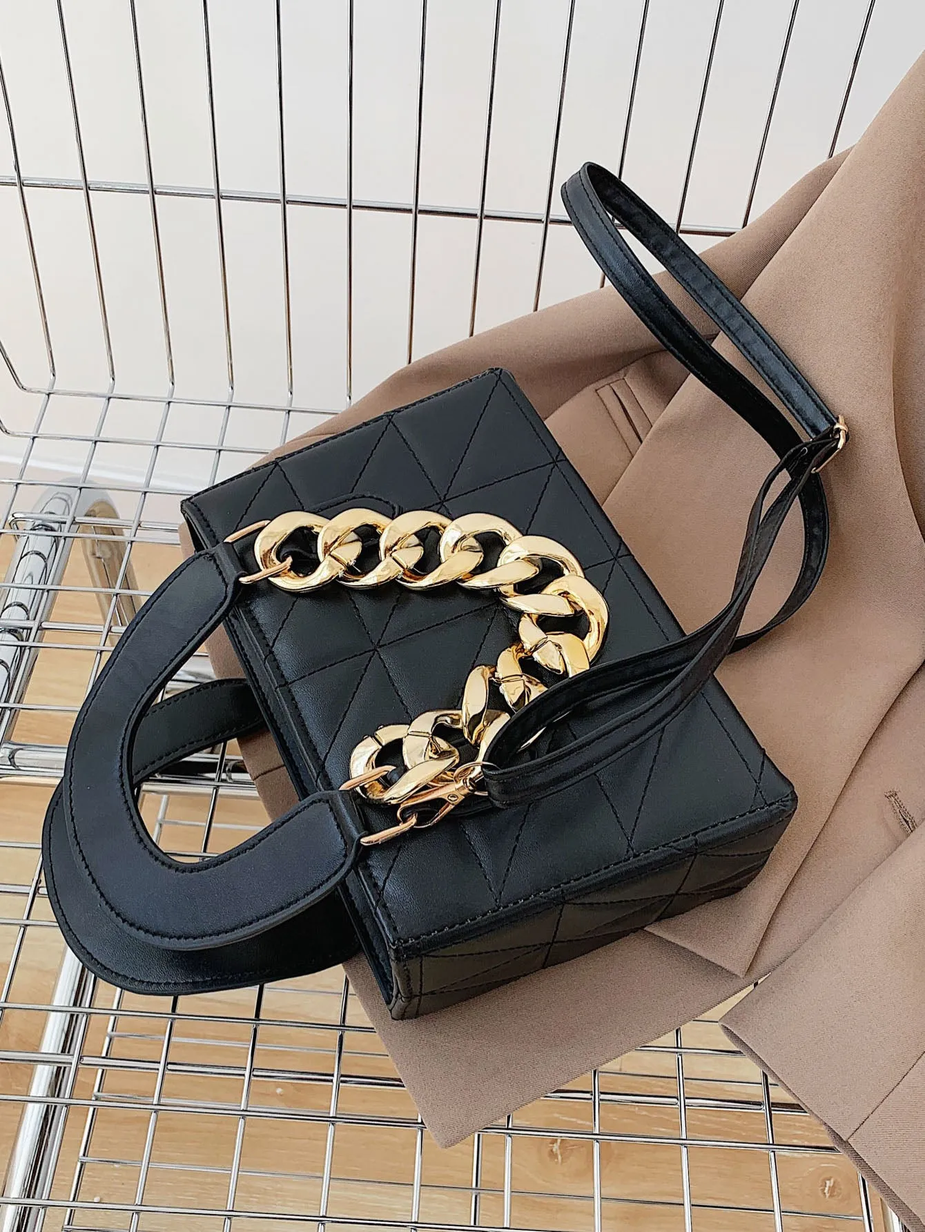 Chain Decor Quilted Square Bag - Black
