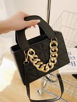 Chain Decor Quilted Square Bag - Black