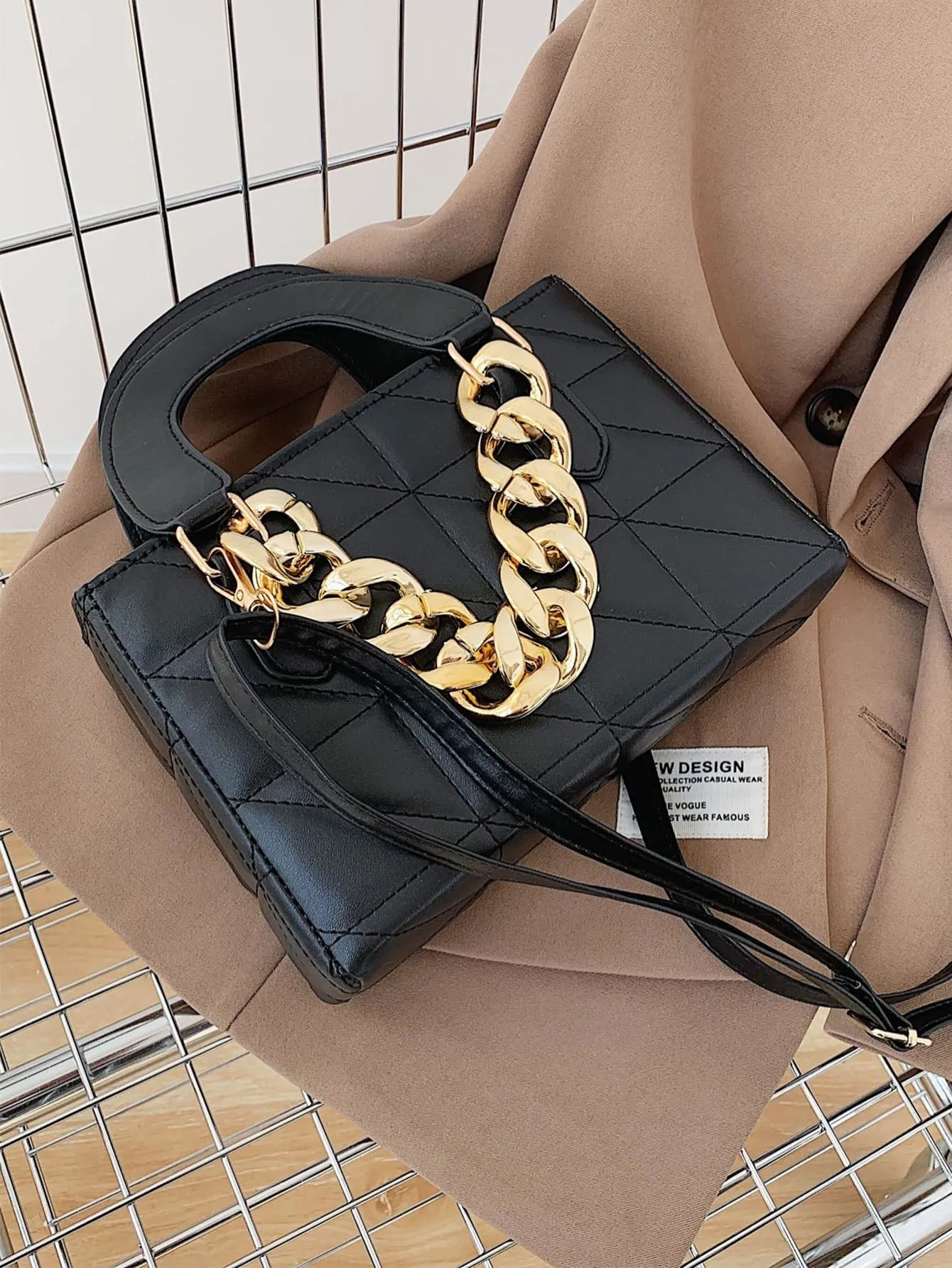 Chain Decor Quilted Square Bag - Black