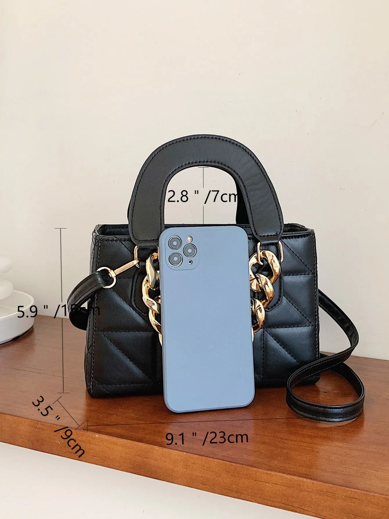 Chain Decor Quilted Square Bag - Black