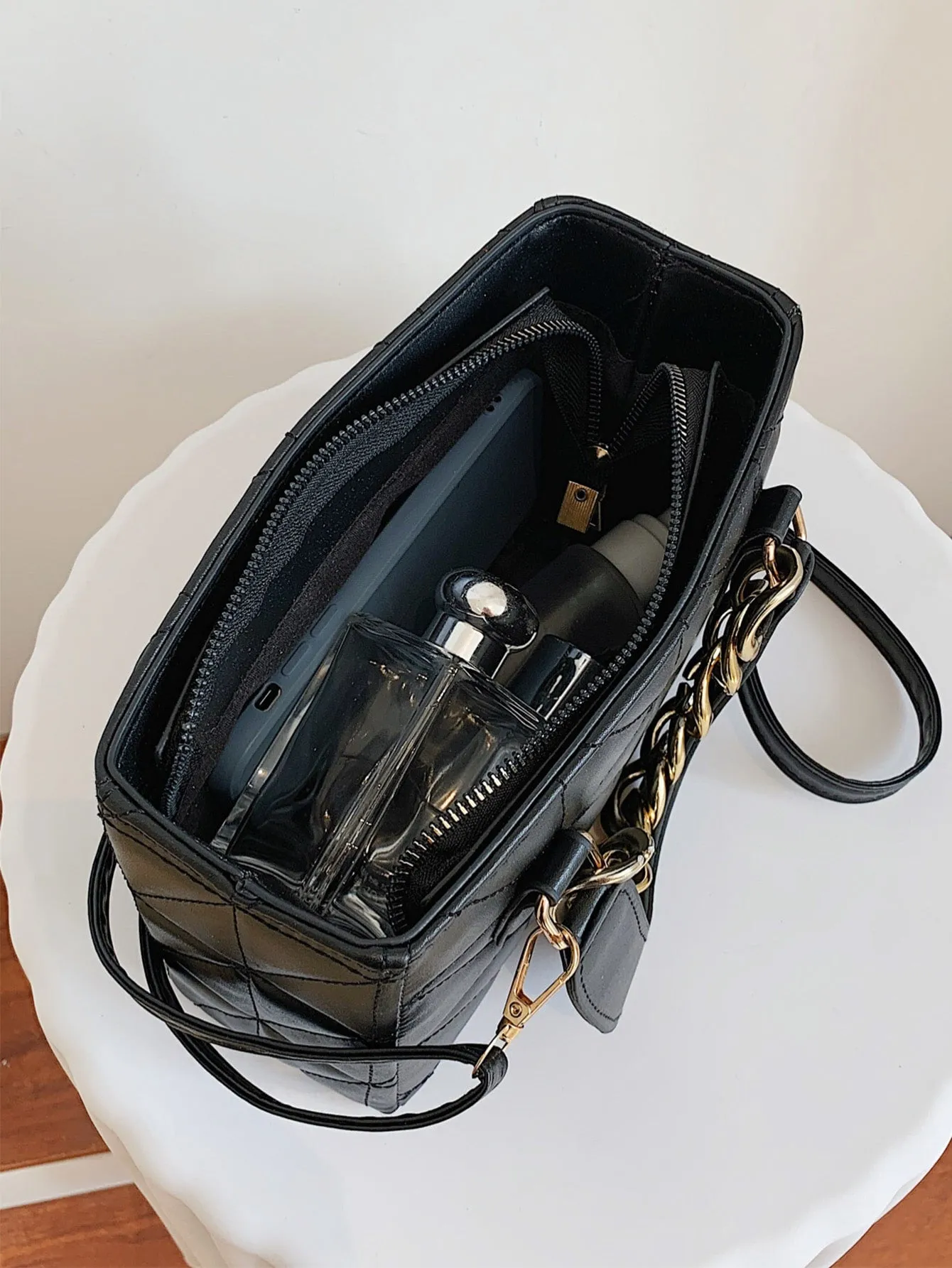 Chain Decor Quilted Square Bag - Black