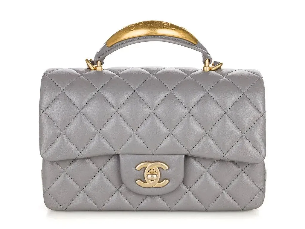 CHANEL 22B Grey quilted Lambskin / Antique Gold Metal Logo Top Handle Mini Flap Bag
