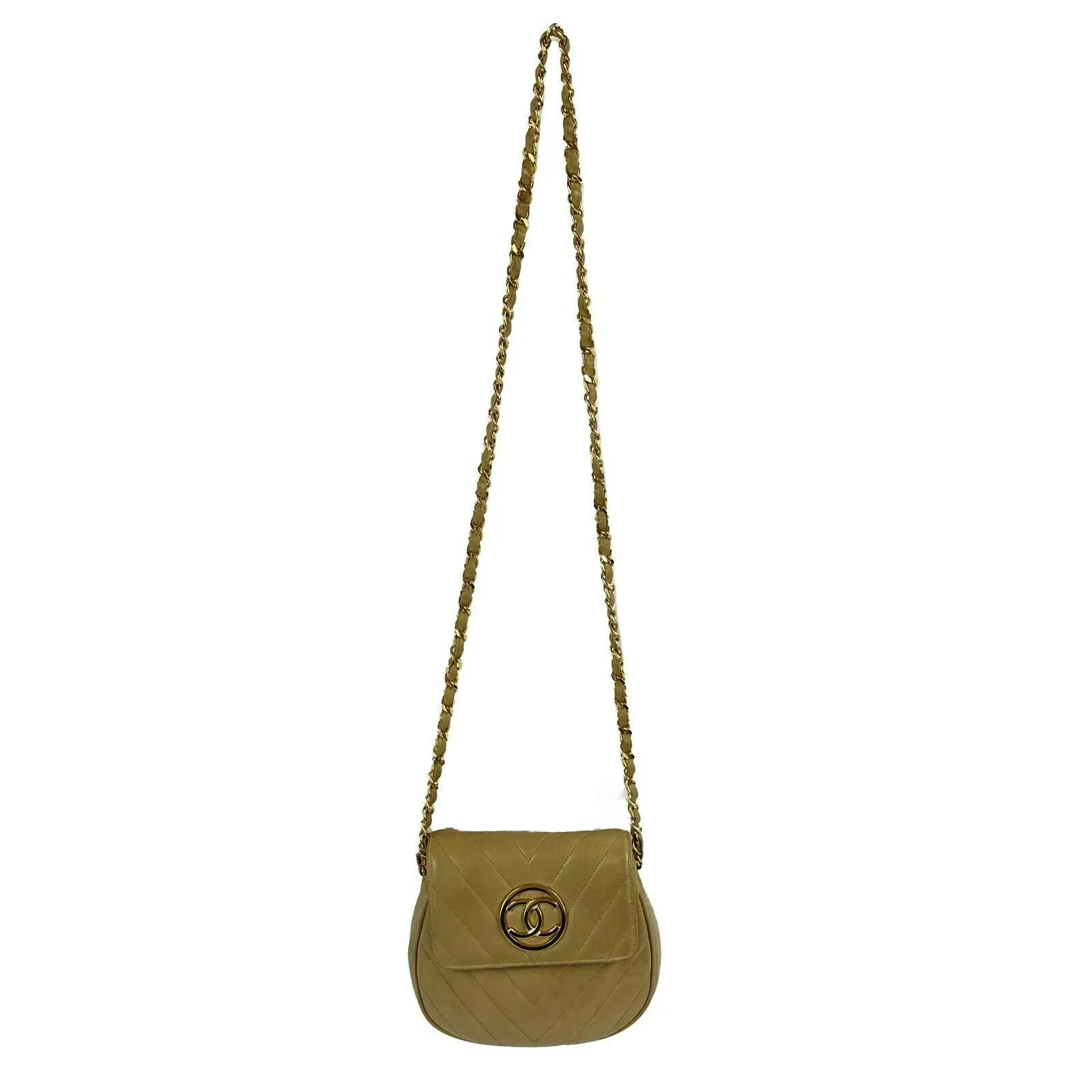 CHANEL - 90's Vintage Chevron Flap 24k - CC logo - Beige / Gold-tone Crossbody