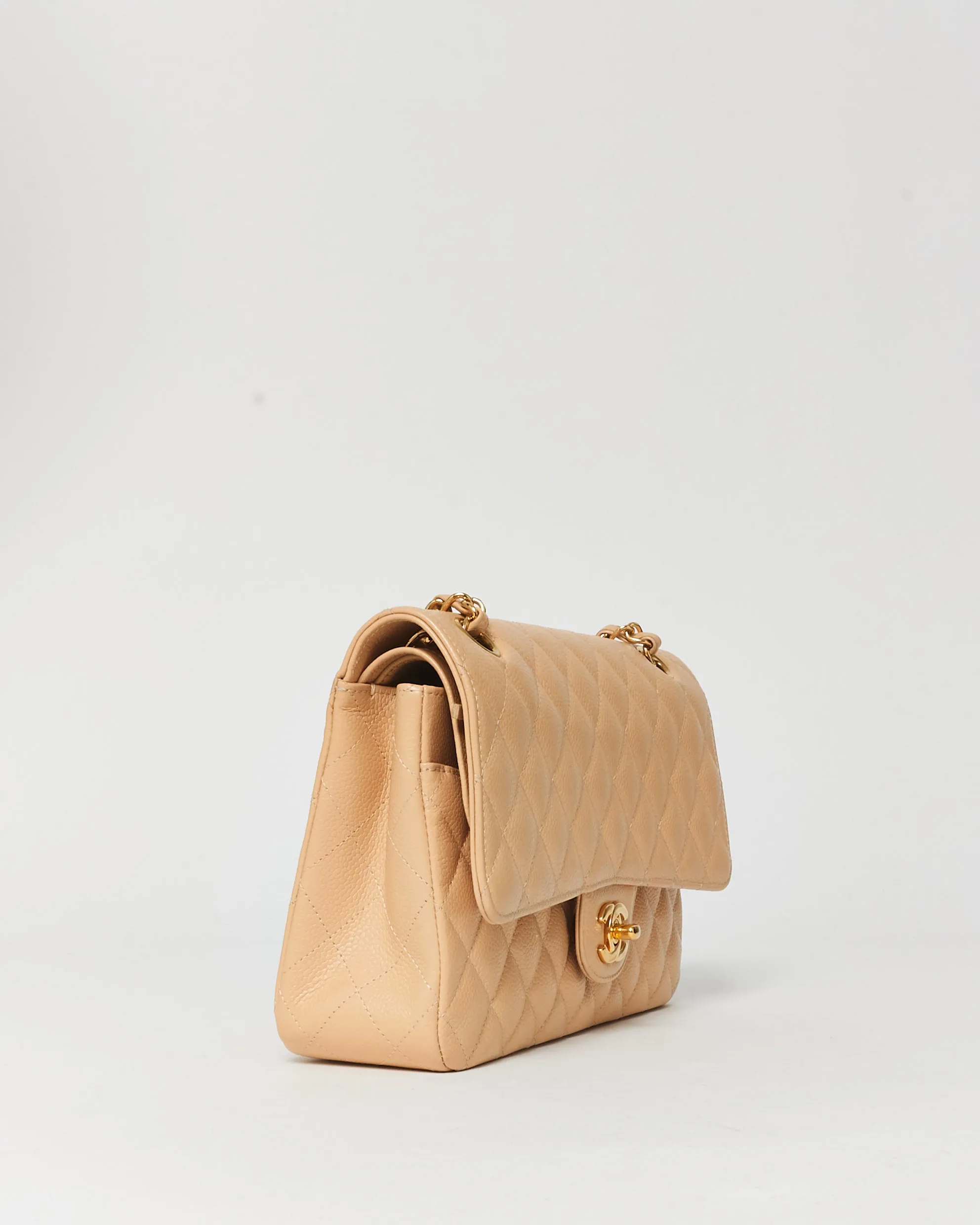 Chanel Beige Claire Caviar Leather Medium Classic Flap GHW