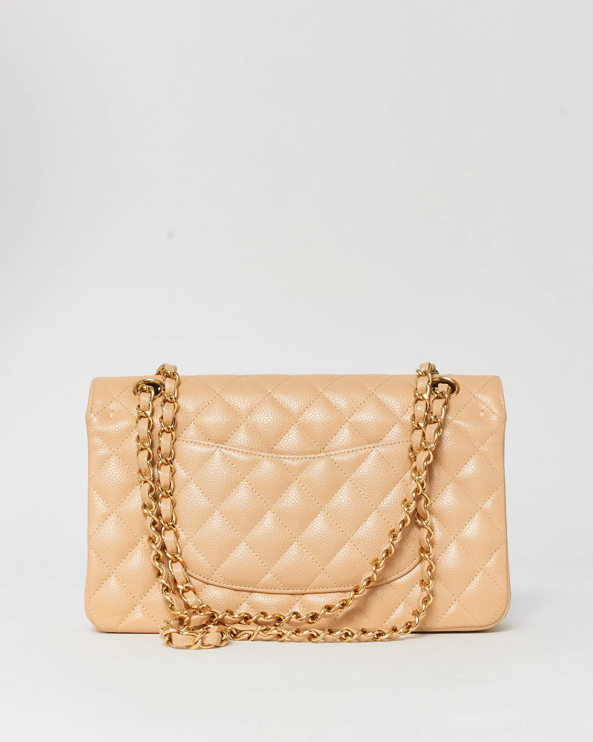 Chanel Beige Claire Caviar Leather Medium Classic Flap GHW