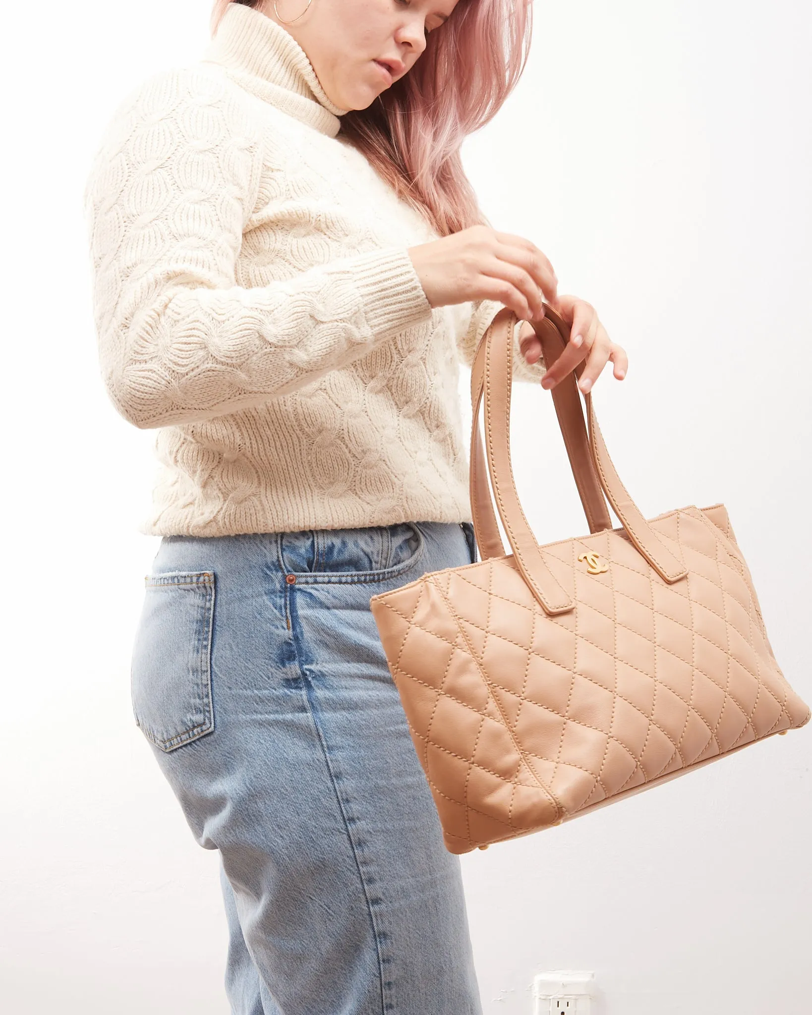 Chanel Beige Lambskin Leather CC Wild Stitch Tote Bag   Pochette