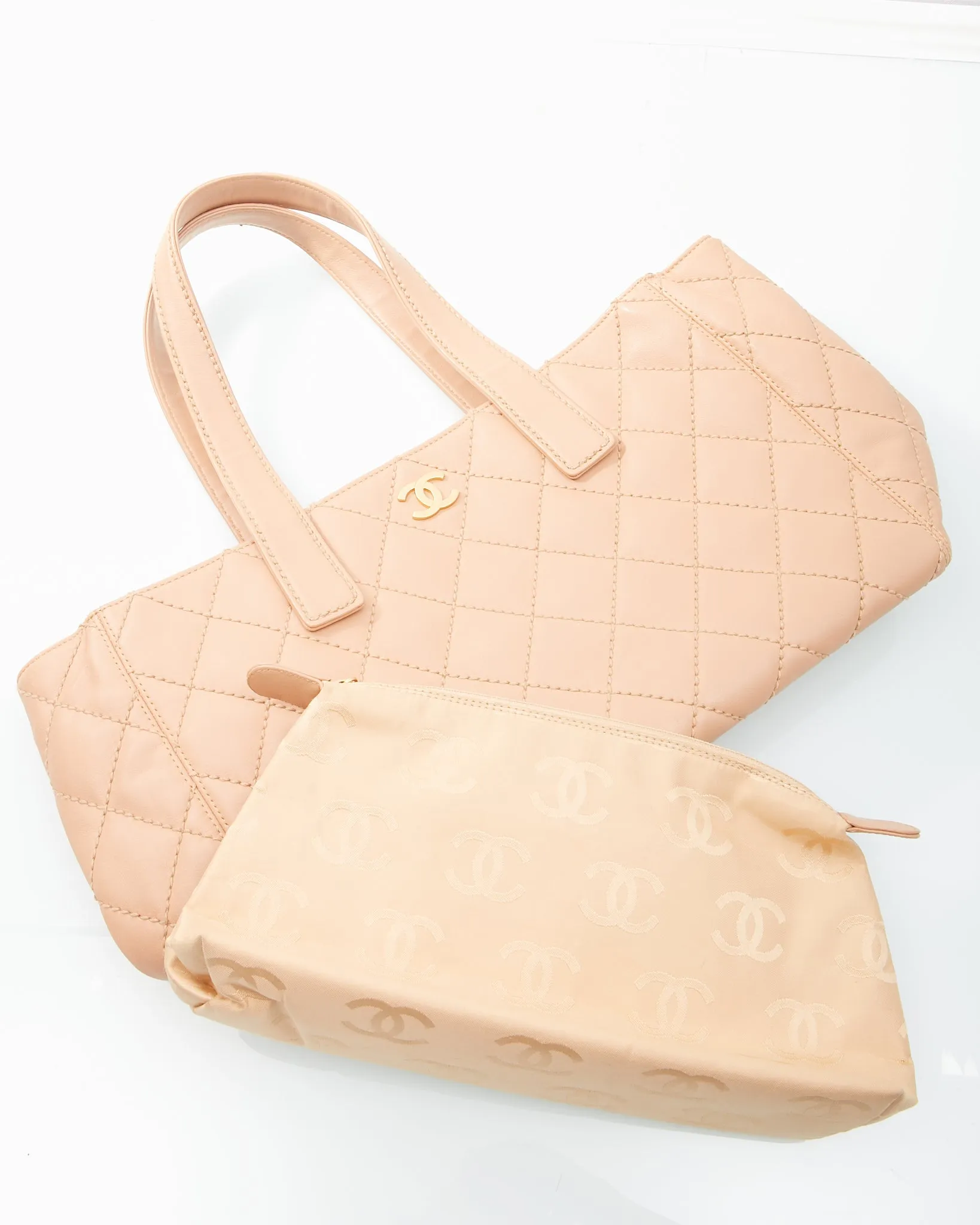 Chanel Beige Lambskin Leather CC Wild Stitch Tote Bag   Pochette