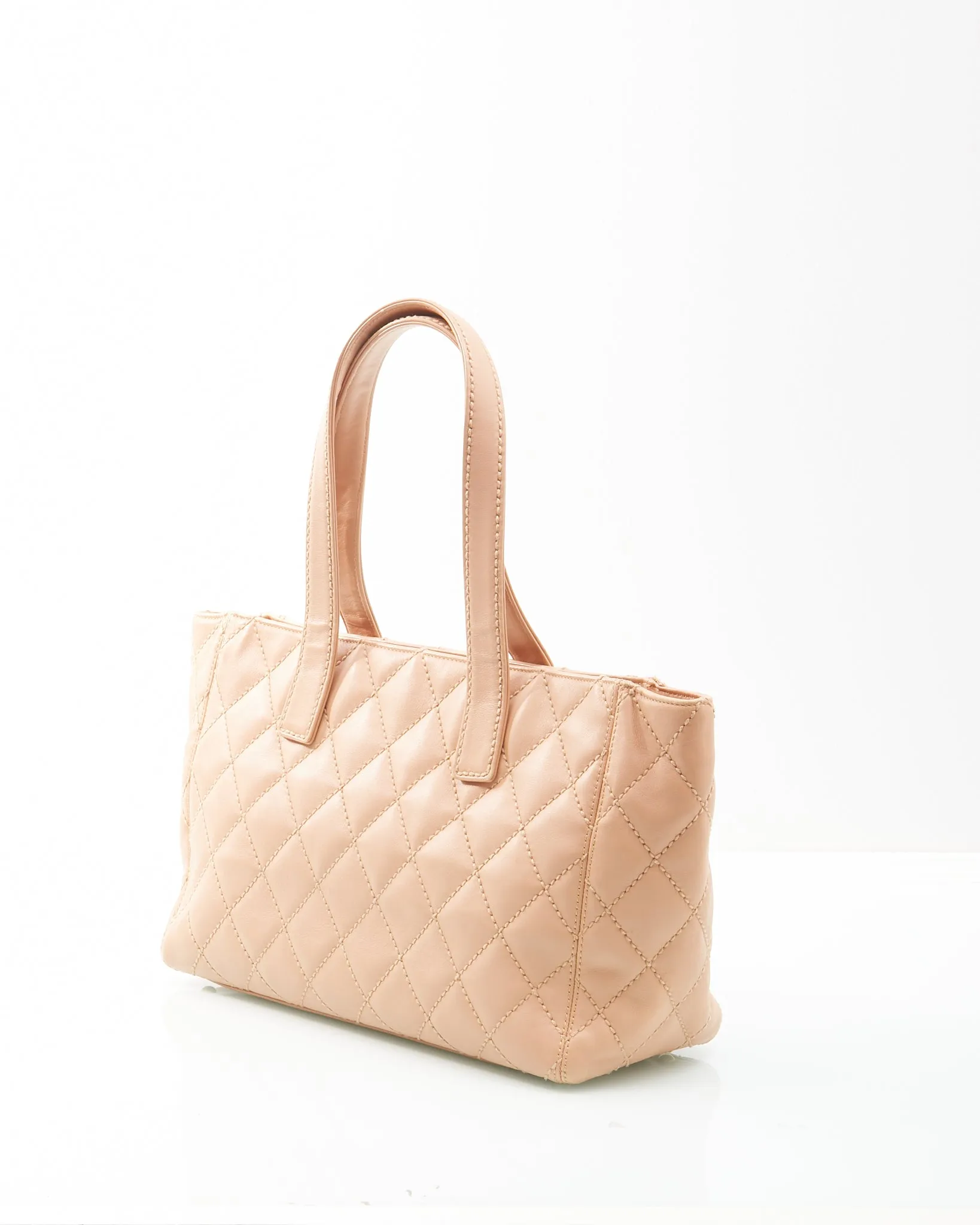 Chanel Beige Lambskin Leather CC Wild Stitch Tote Bag   Pochette