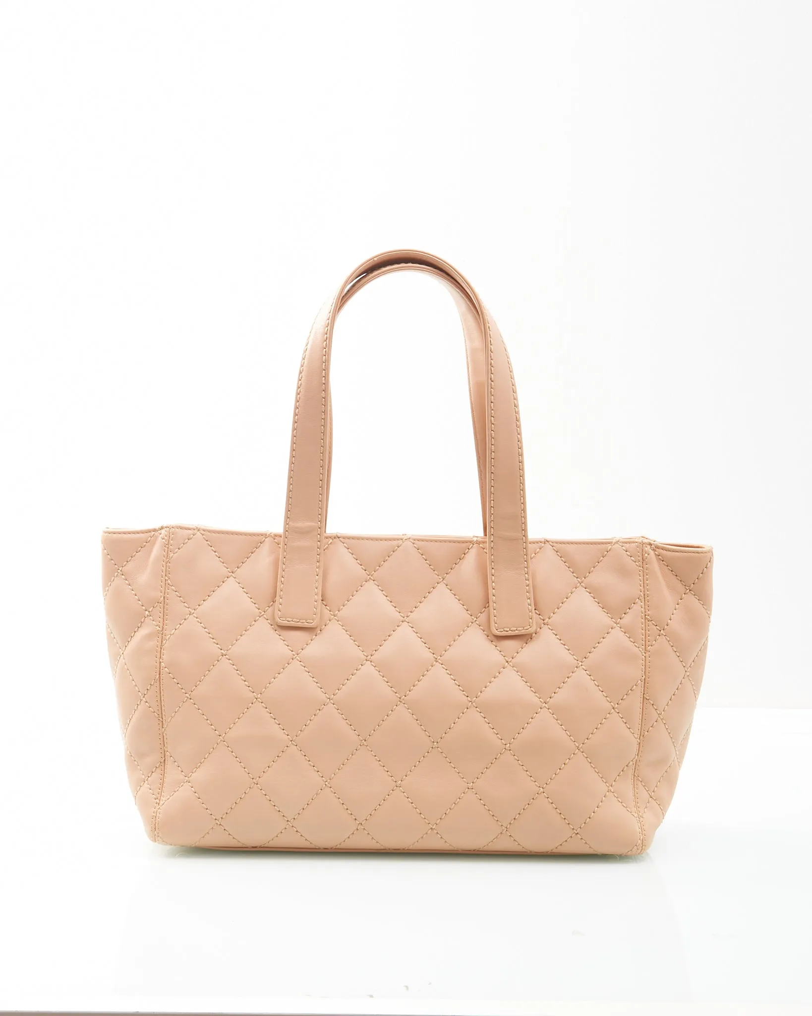 Chanel Beige Lambskin Leather CC Wild Stitch Tote Bag   Pochette