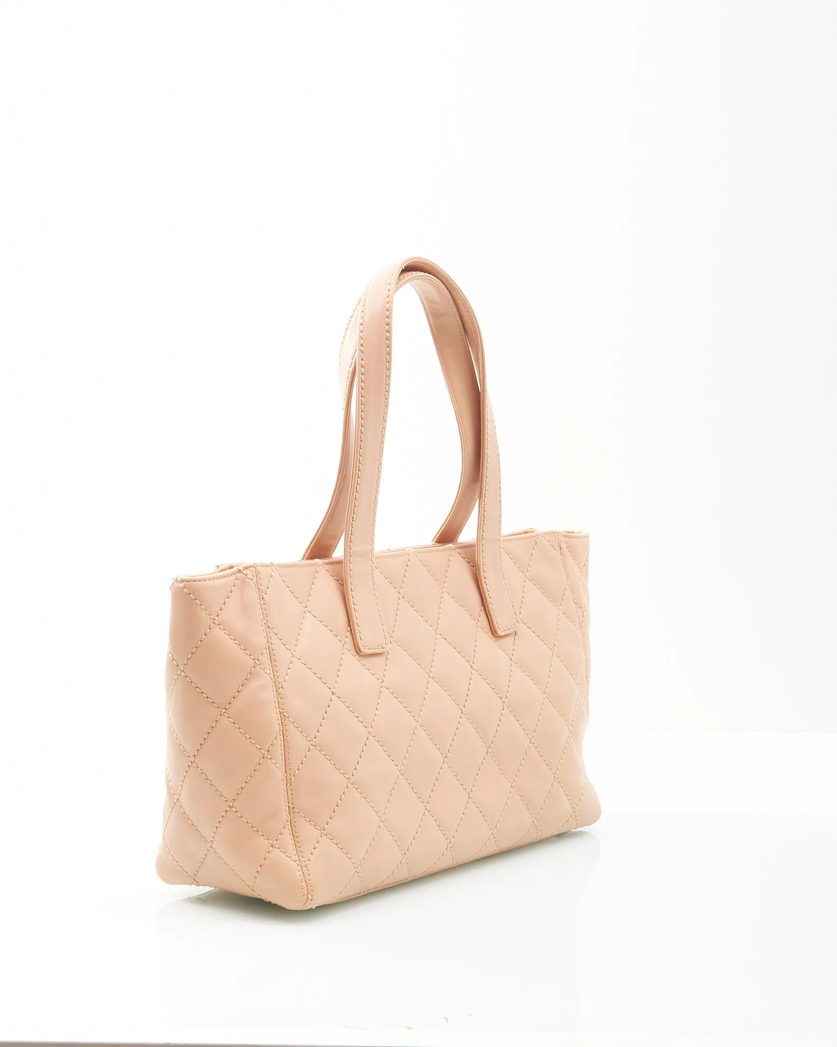 Chanel Beige Lambskin Leather CC Wild Stitch Tote Bag   Pochette